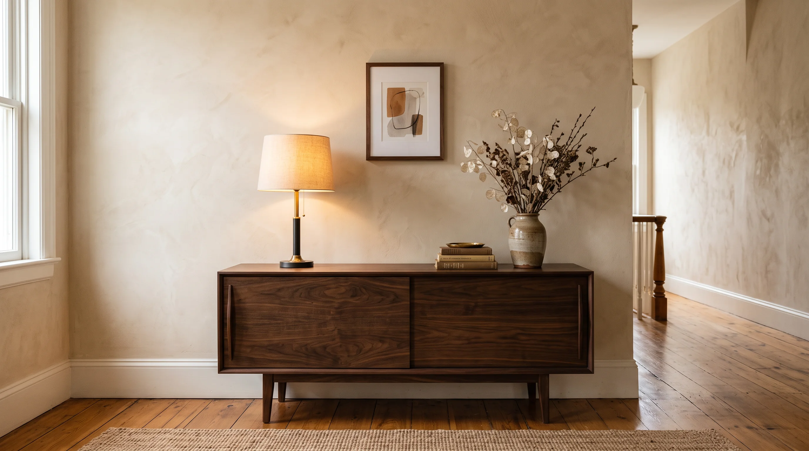Dark walnut console table against a warm plaster wall with layered natural lighting, modern warm interior