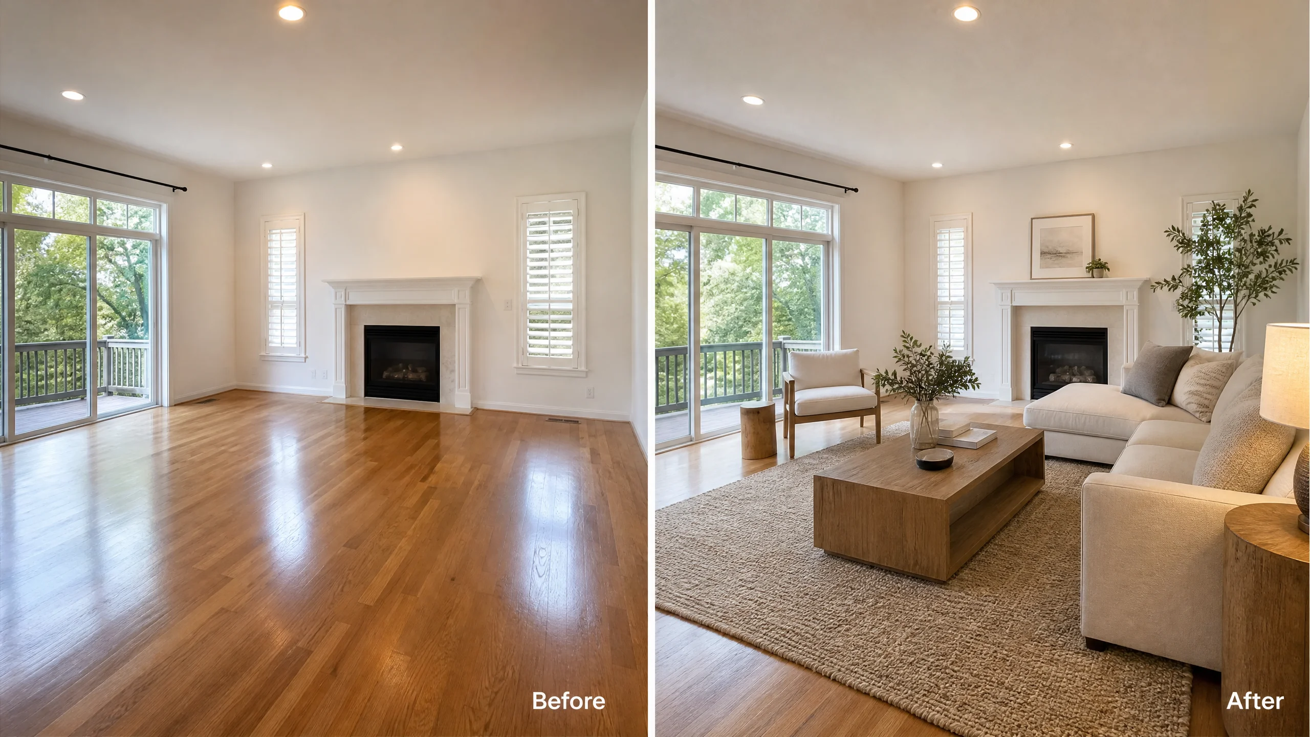 A side-by-side comparison showing an empty suburban living room transformed into a beautifully staged space with perfectly scaled furniture
