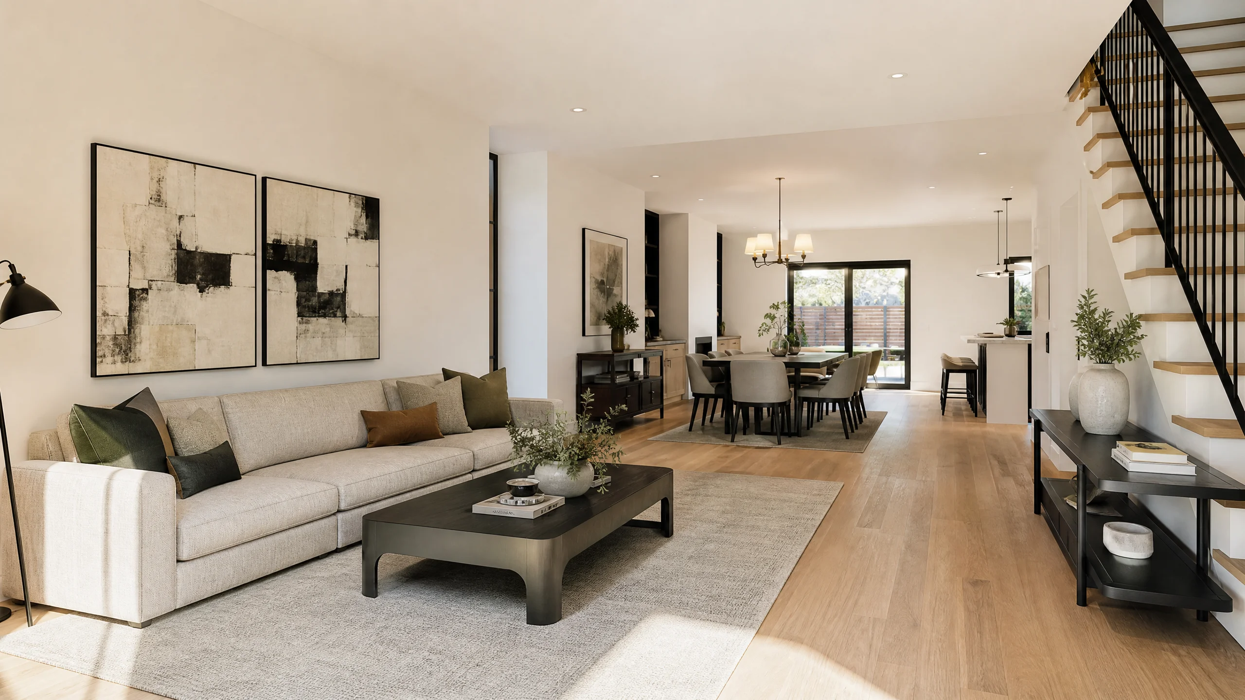 A close-up architectural view of a virtually staged living room highlighting correct proportional scaling and natural light shadows