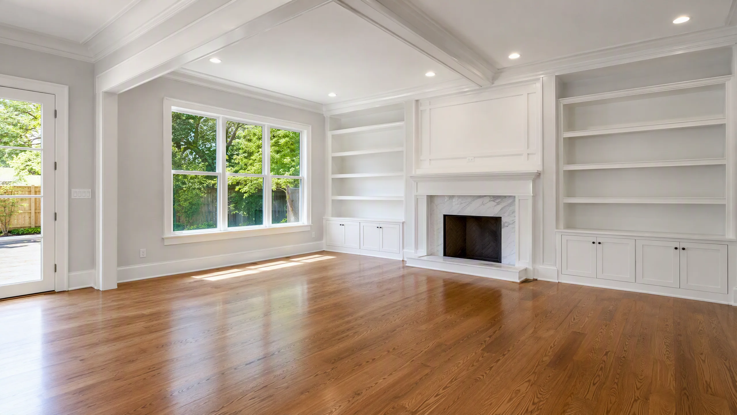 A professional real estate photography tripod setup positioned at eye-level in an empty living room with natural daylight streaming through clean windows