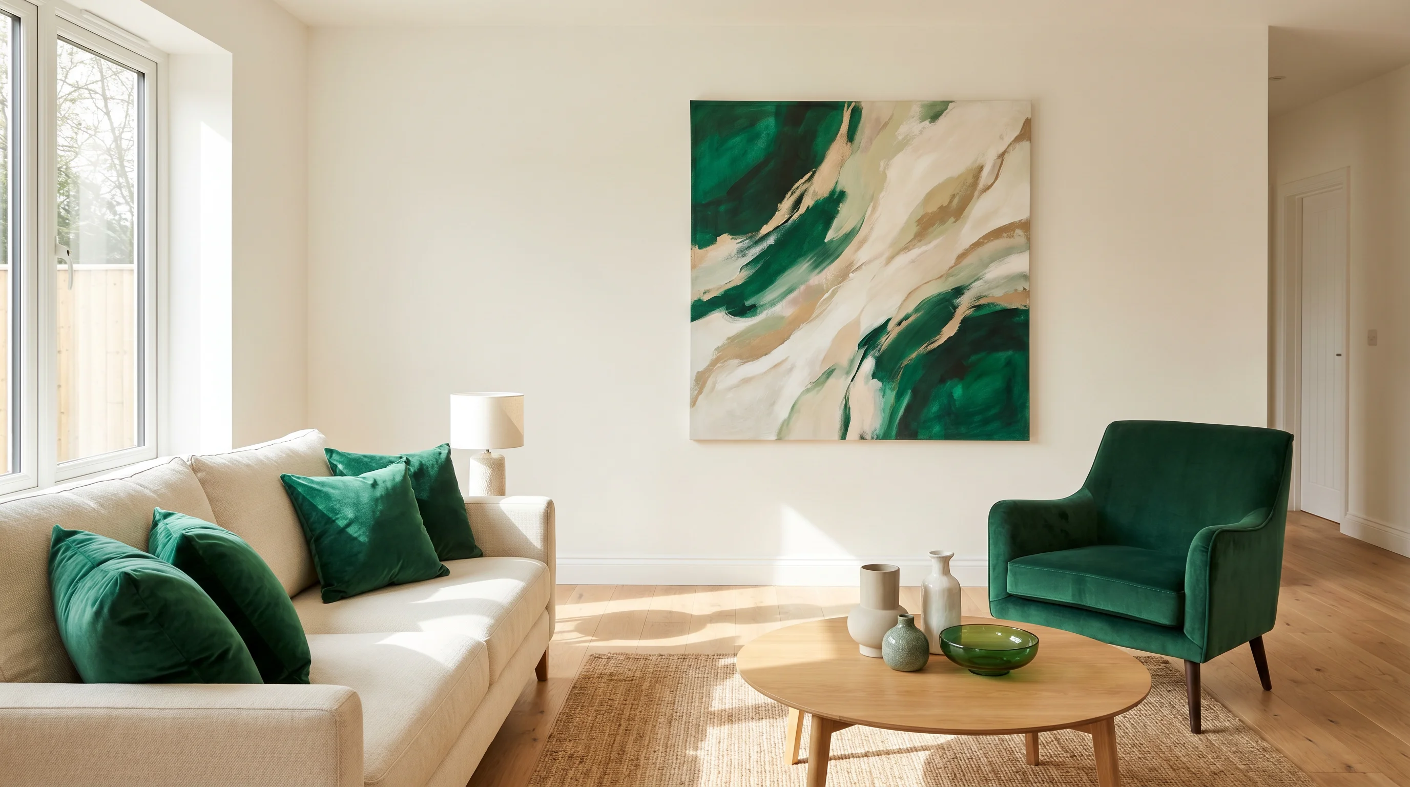 A cohesive dopamine decor living room where emerald green repeats across an armchair, cushions, and art, grounded by warm white walls, wood floors, and breathing room