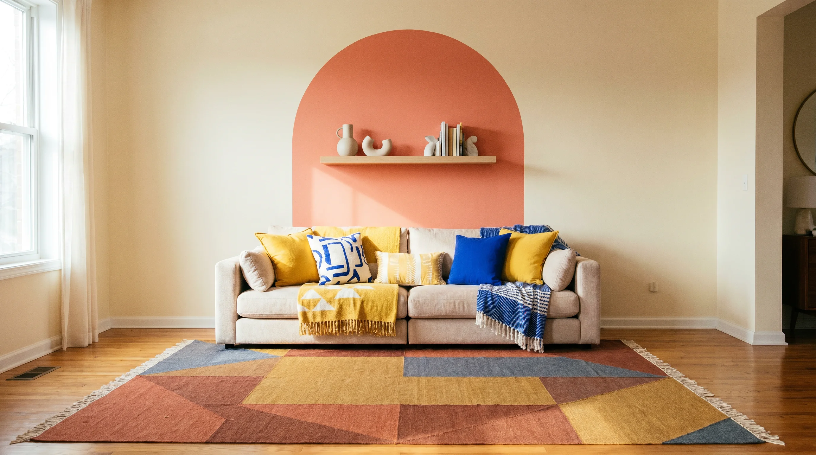 A joyful living room wall with two-tone color blocking in coral and warm cream, a patterned sofa with mixed cushions, and a bold geometric rug