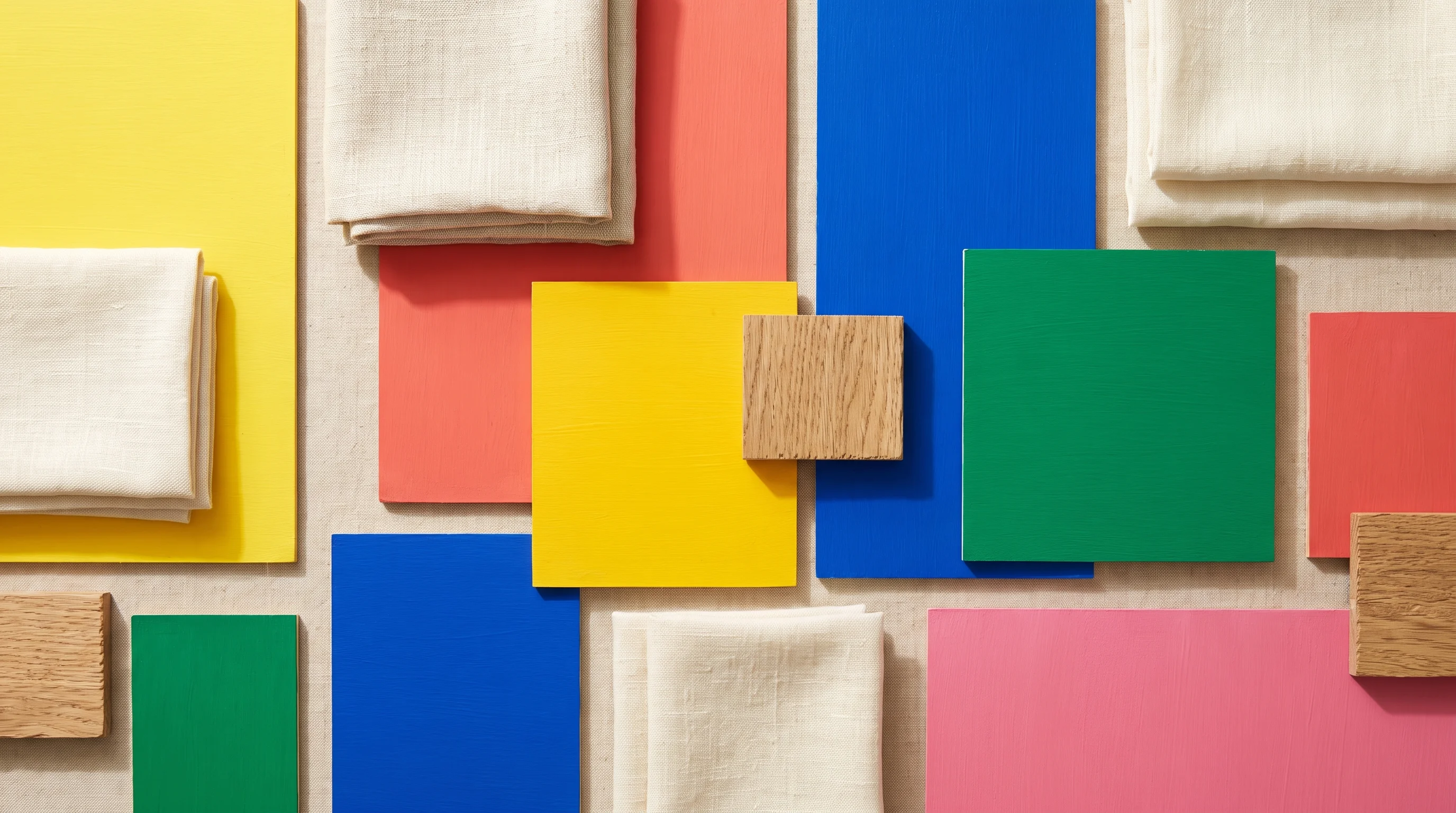A flat-lay of saturated paint swatches and fabric samples in sunshine yellow, coral, cobalt blue, emerald green, and warm pink, arranged on a neutral surface