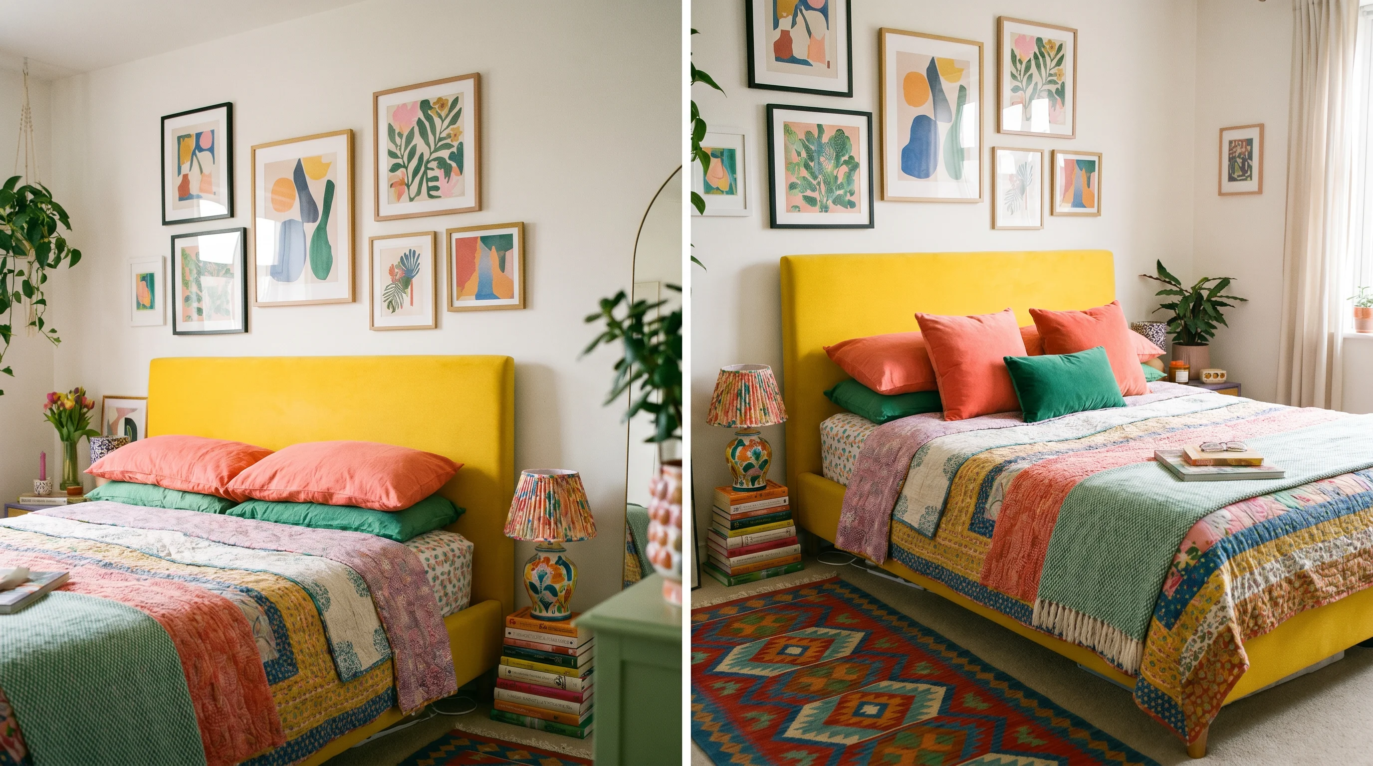 A renter-friendly colorful bedroom corner with a bold yellow upholstered headboard, colorful bedding and cushions, a gallery wall of vibrant art, and a bright rug