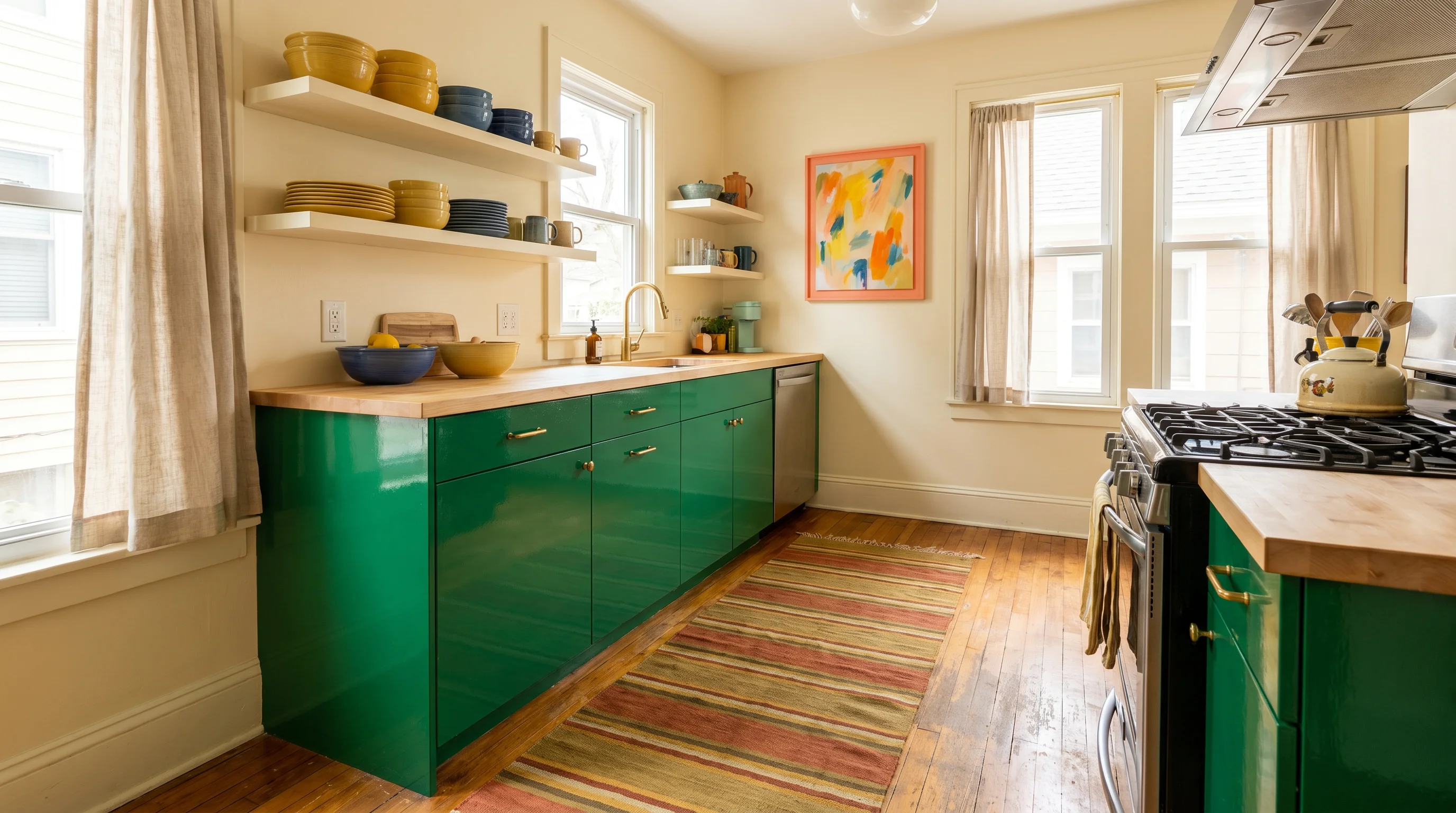 A cheerful kitchen with glossy emerald green lower cabinets, warm cream walls, a coral framed artwork, colorful ceramics on open shelves, and a striped runner rug