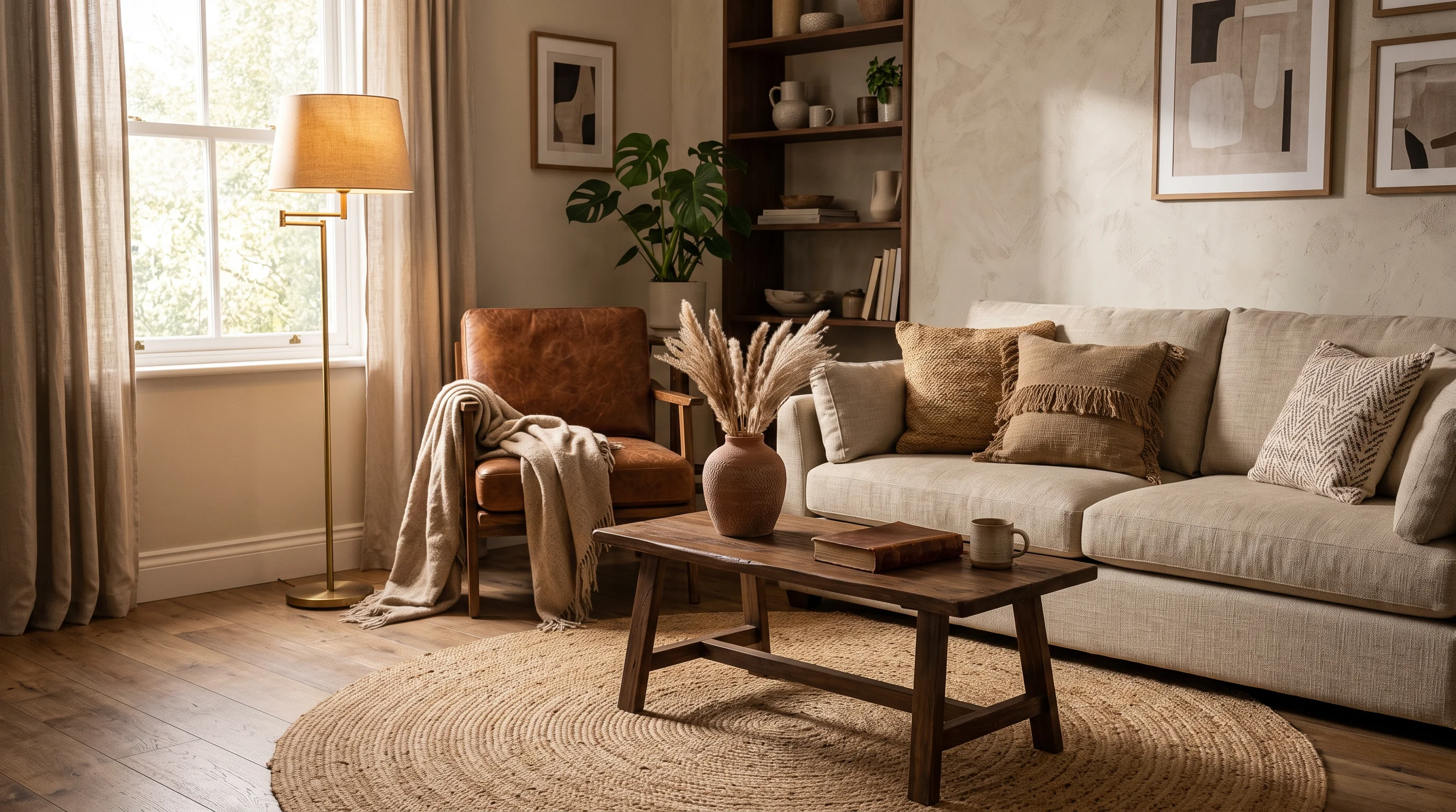 Earth tone living room with layered textures — linen sofa, jute rug, wood coffee table, terracotta vase, warm ambient lighting