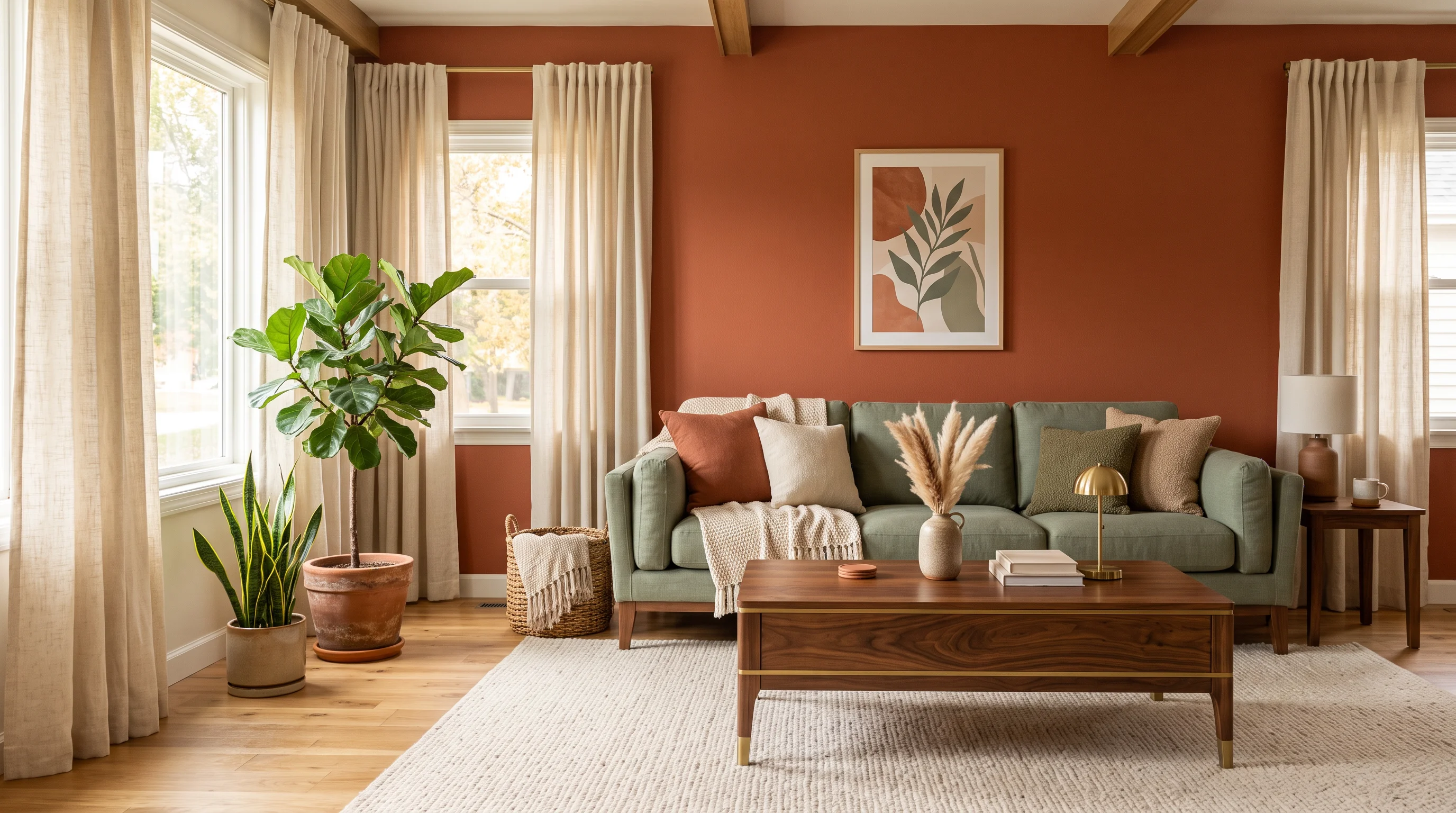 Earth tone living room with terracotta accent wall, sage green sofa, cream rug, and warm walnut coffee table in natural light