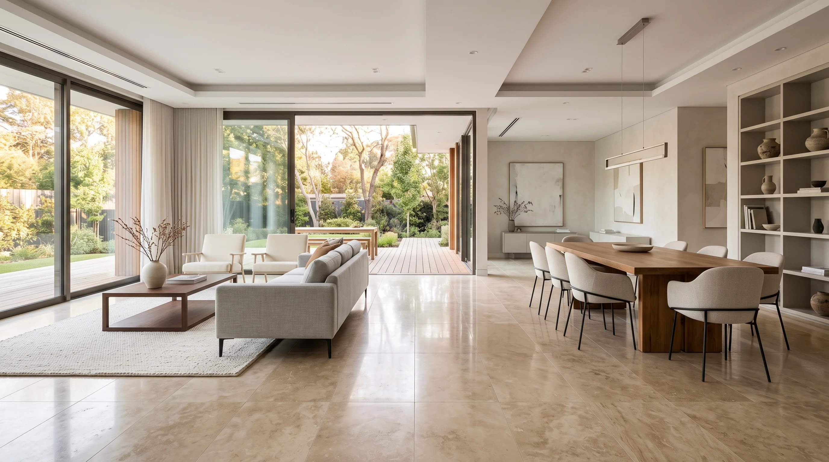 Spacious Modern Room with Staged Luxury Tile Flooring