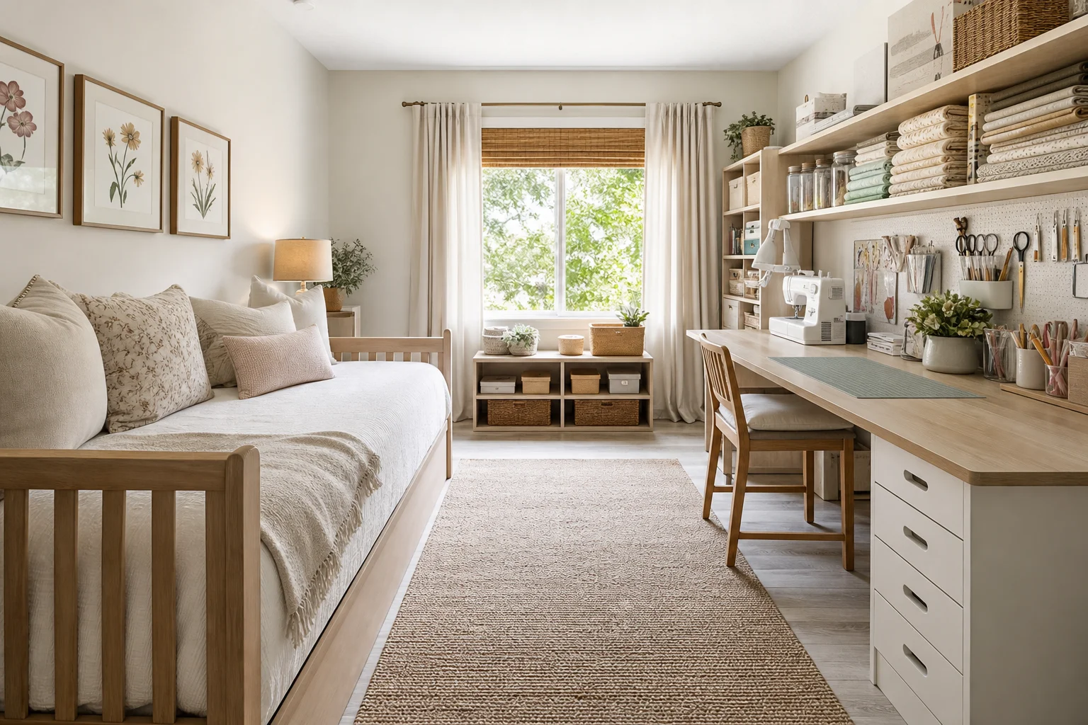 A guest room that doubles as a hobby space — a daybed against one wall and a craft and sewing table with open storage on the other, kept tidy and zoned