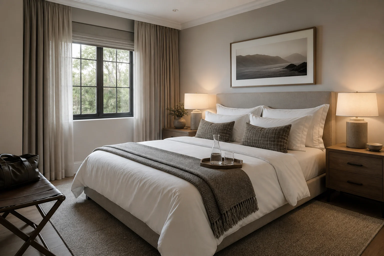 A serene guest bedroom styled like a boutique hotel — layered white bedding with a folded throw, a bench at the foot of the bed, matching nightstands with lamps, and a water carafe on a tray