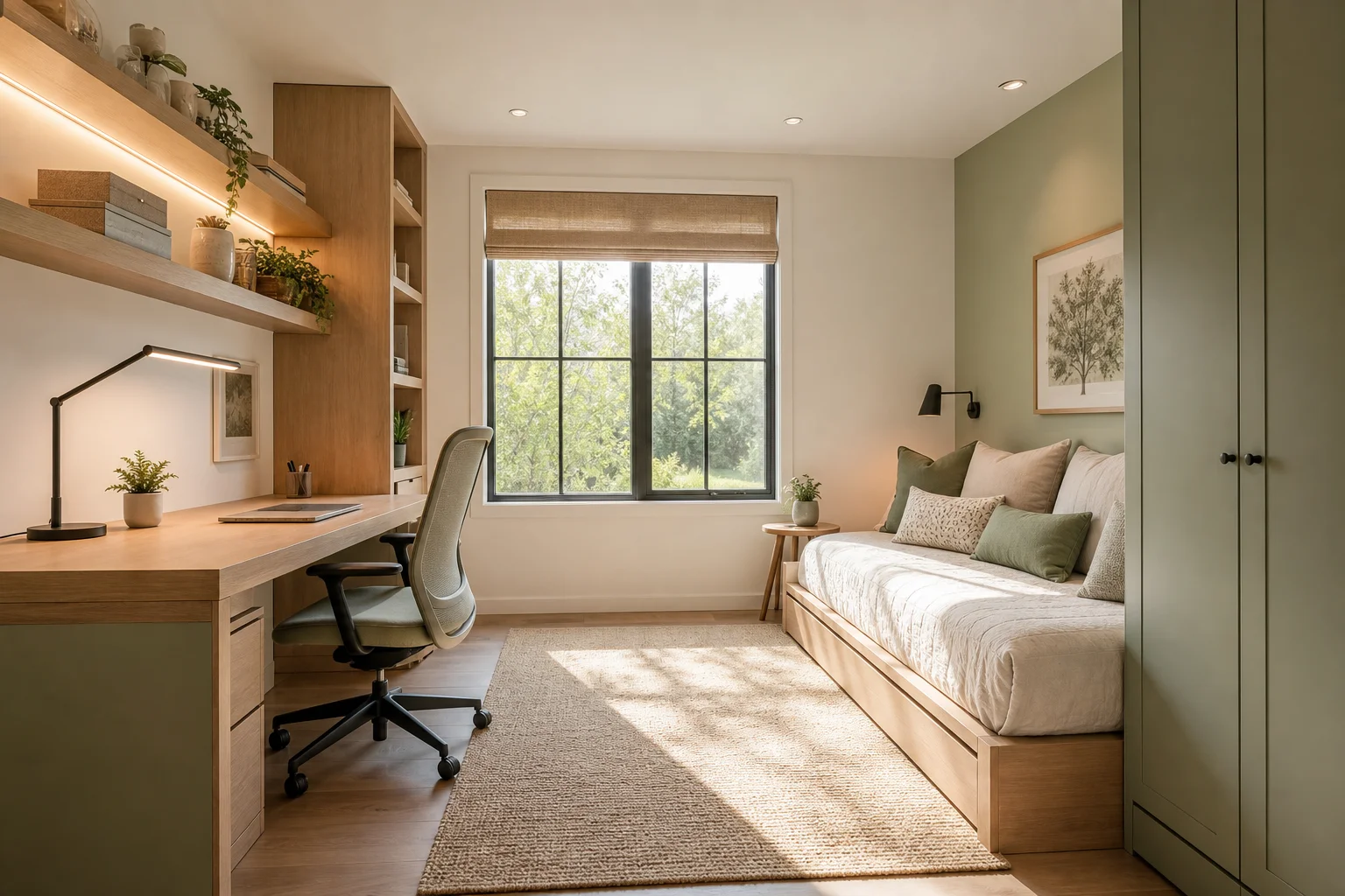 A dual-purpose room with a desk and office chair on one wall and a sofa bed on the opposite wall, creating a clear work zone and a separate rest zone