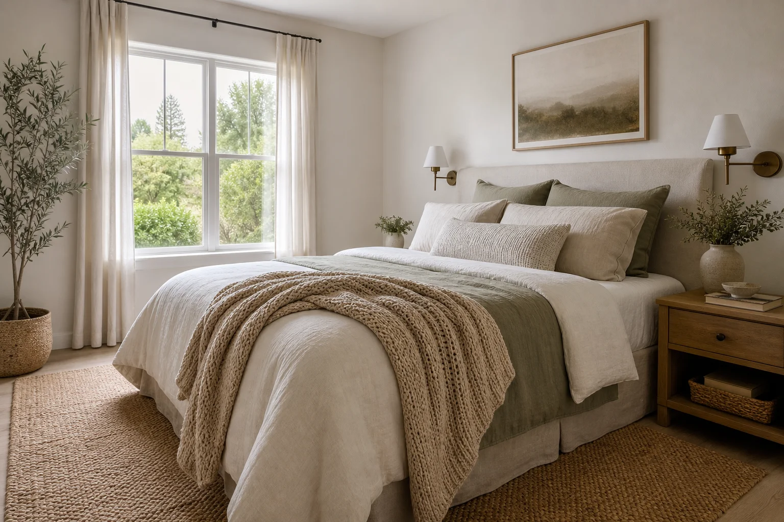 A calming guest bedroom in soft, restful tones — warm white walls, soft sage and greige textiles, natural wood, and linen bedding with subtle texture