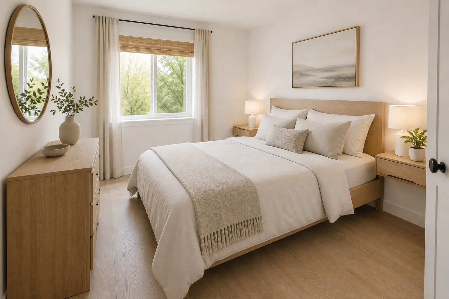 A compact spare bedroom with a neatly made queen bed against the wall, two slim wall-mounted nightstands, a single small dresser, and a mirror to bounce light