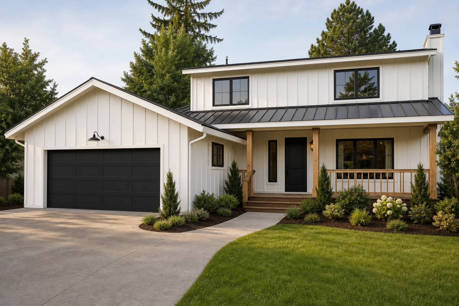 The same house reimagined as a modern farmhouse — white board-and-batten siding, black-framed windows, a standing-seam metal roof accent and a covered porch