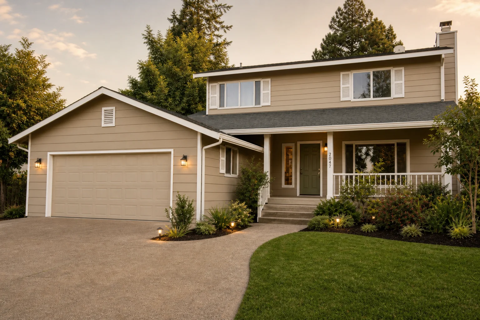 The same house after a full warm-neutral repaint, shown at golden hour with white trim, a deep front door and clean landscape lighting