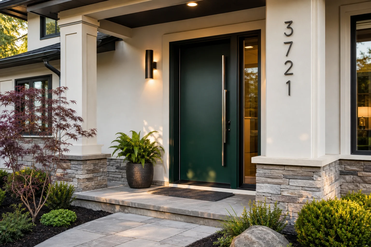 An entry-detail view of a refreshed exterior — a bold steel front door, stone-veneer porch base, modern house numbers, warm sconces and fresh foundation plantings
