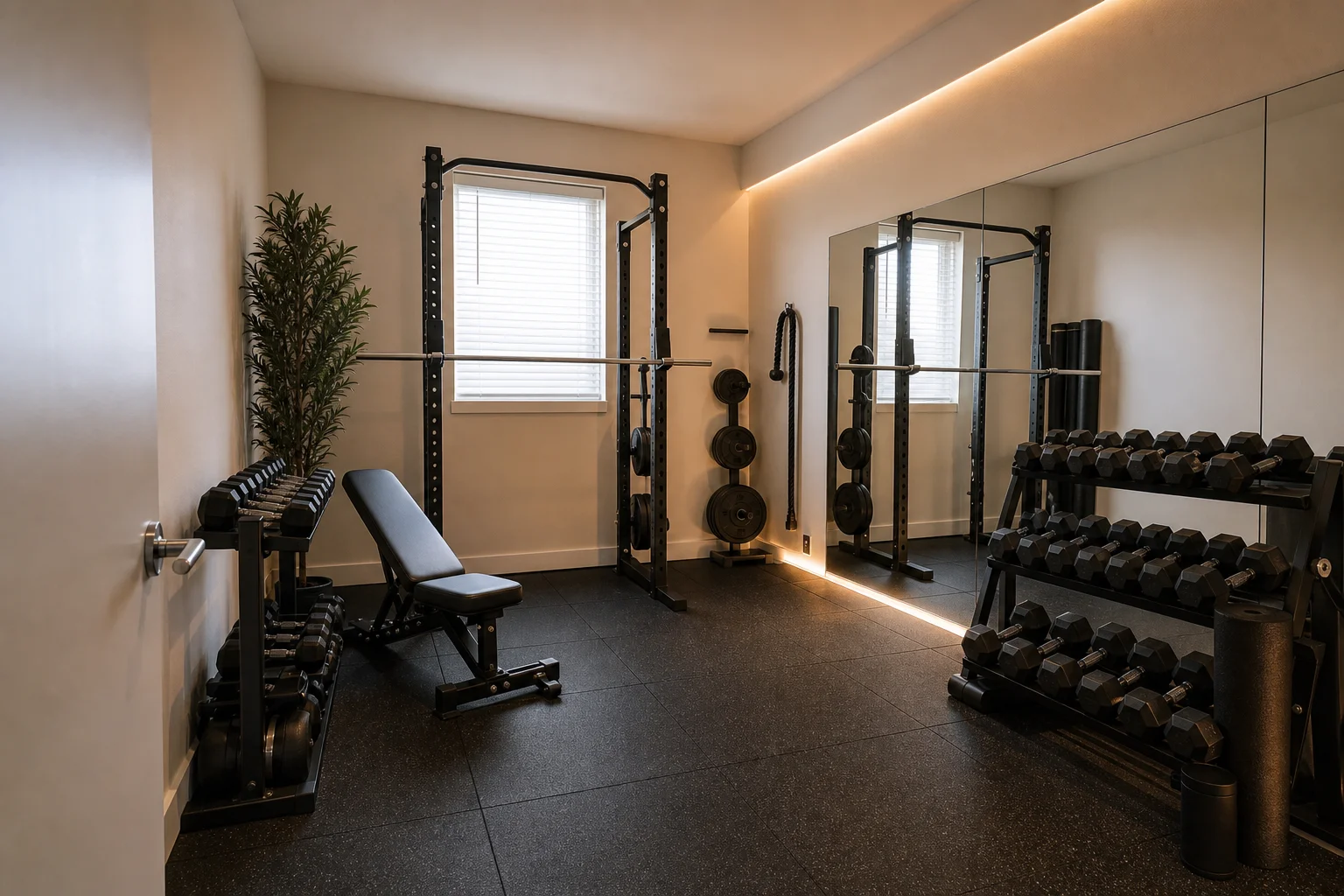 A finished home gym in a converted room with a full-height mirror wall, rubber flooring, a squat rack, organized dumbbells and warm layered lighting