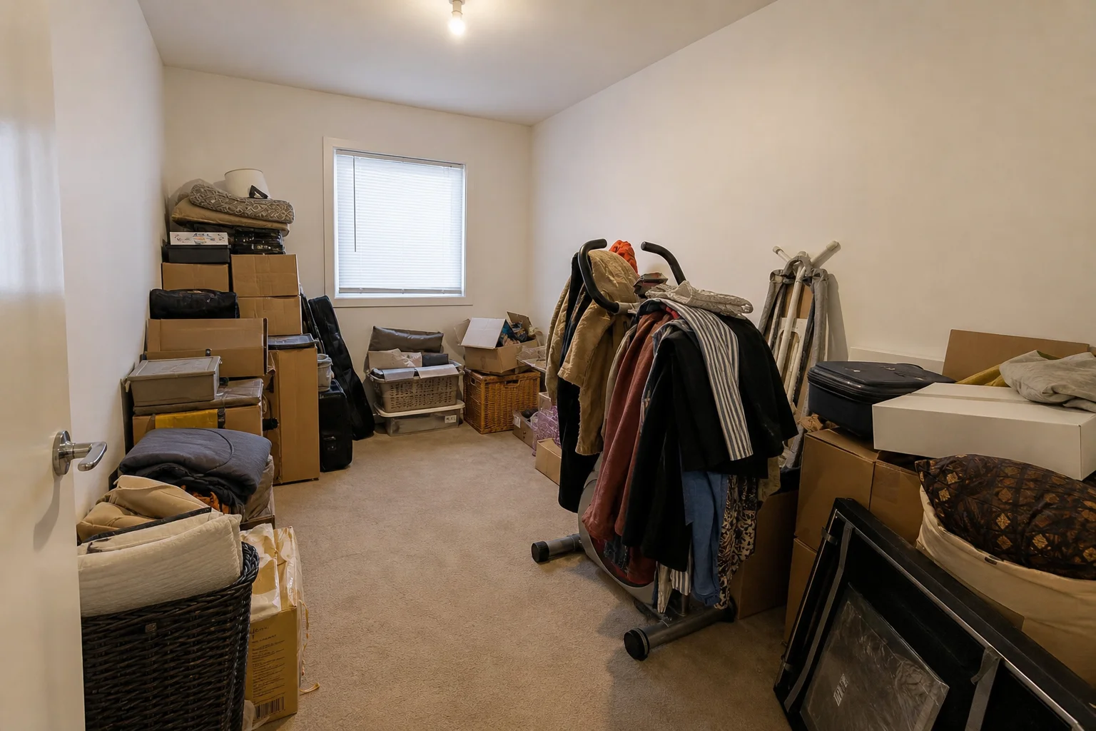 Before and after of a cluttered spare room converted into a home gym — left a messy storage room with boxes, right the same room with rubber tile flooring, a squat rack, a mirror wall and warm lighting