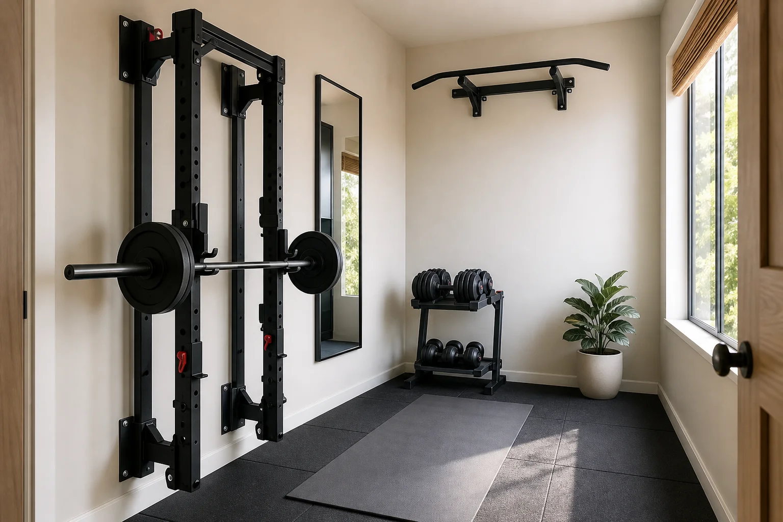 A compact home gym in a small spare room — wall-mounted folding rack, adjustable dumbbells, a single mirror panel, a yoga mat and a potted plant