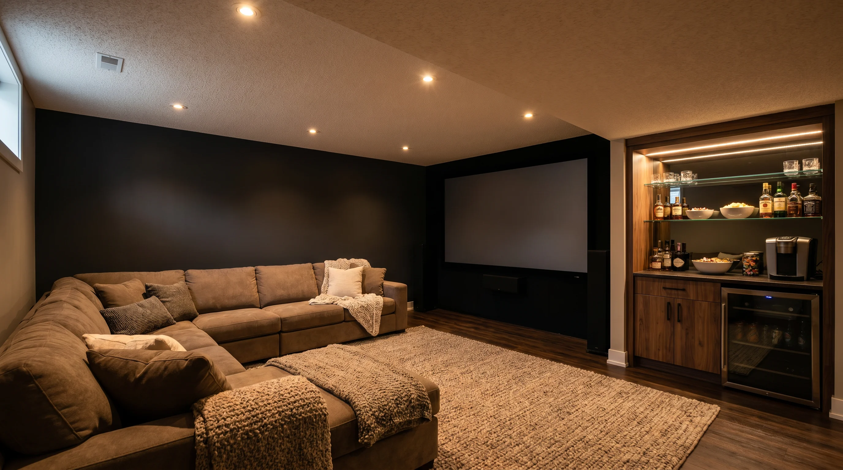 A cozy basement home theater with a sectional, a large screen on a dark feature wall, recessed lighting, and a small snack bar to the side