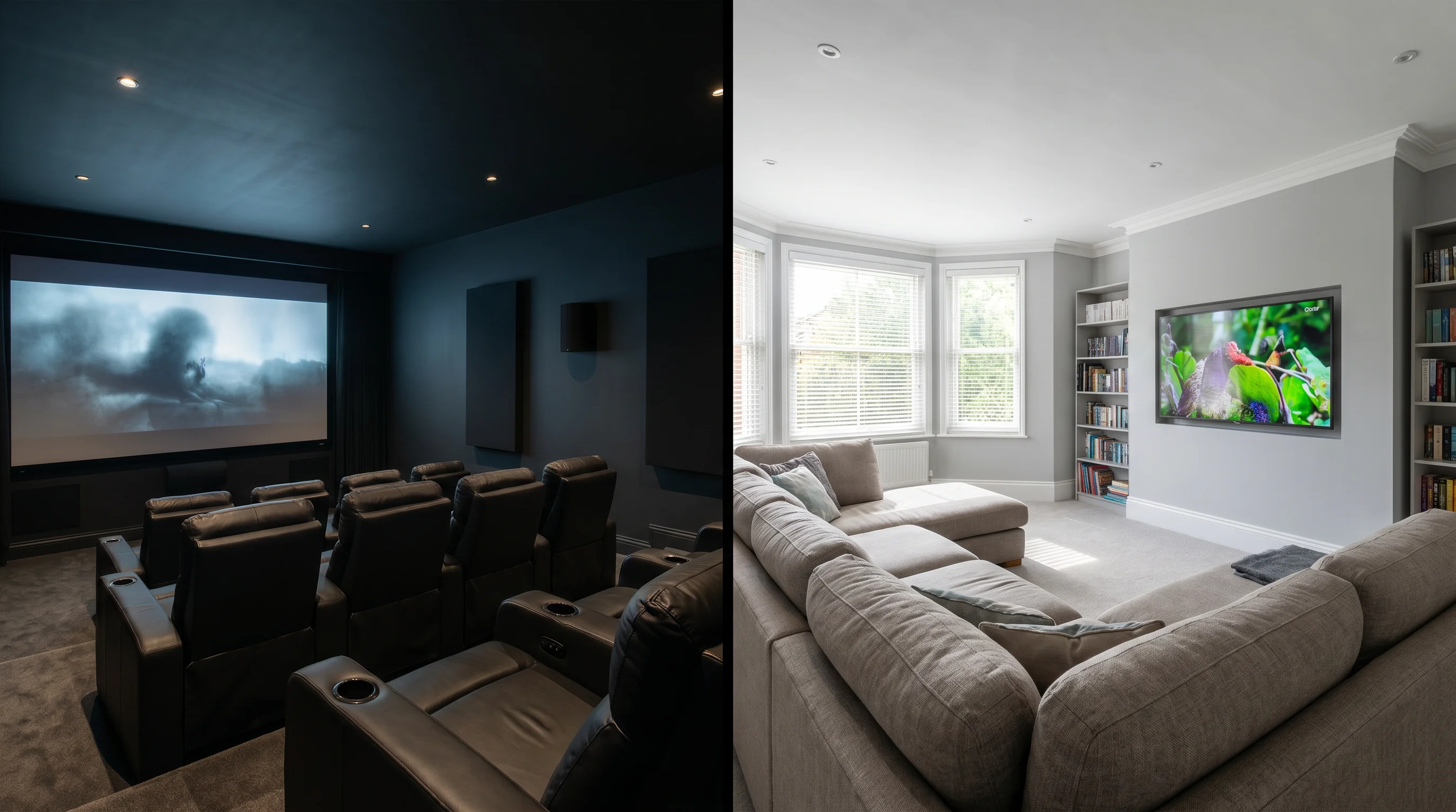 A single split image — a dark, dedicated home cinema with tiered seating on one side, and a bright flexible media room with a sofa and large TV on the other