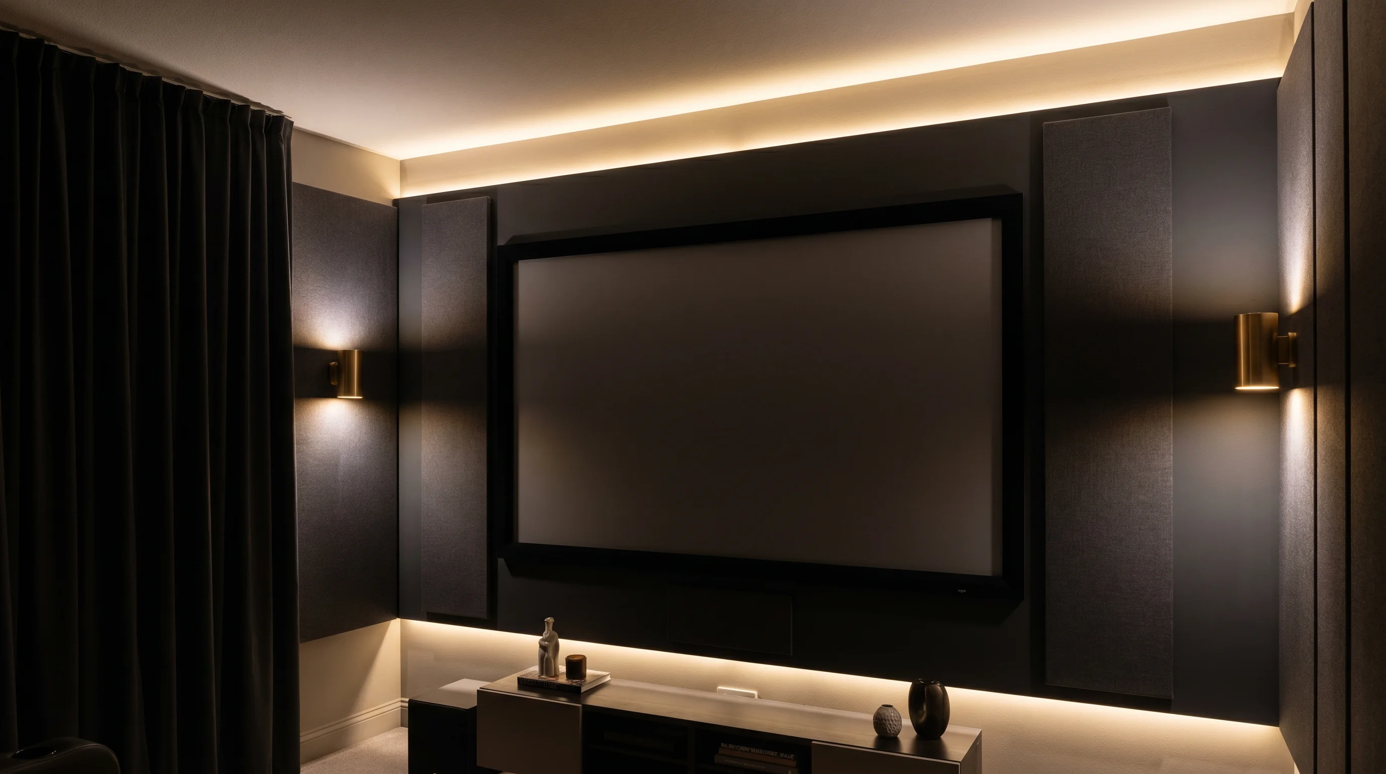 A home theater with warm wall sconces, blackout treatment, dark matte walls, and fabric acoustic panels framing the screen