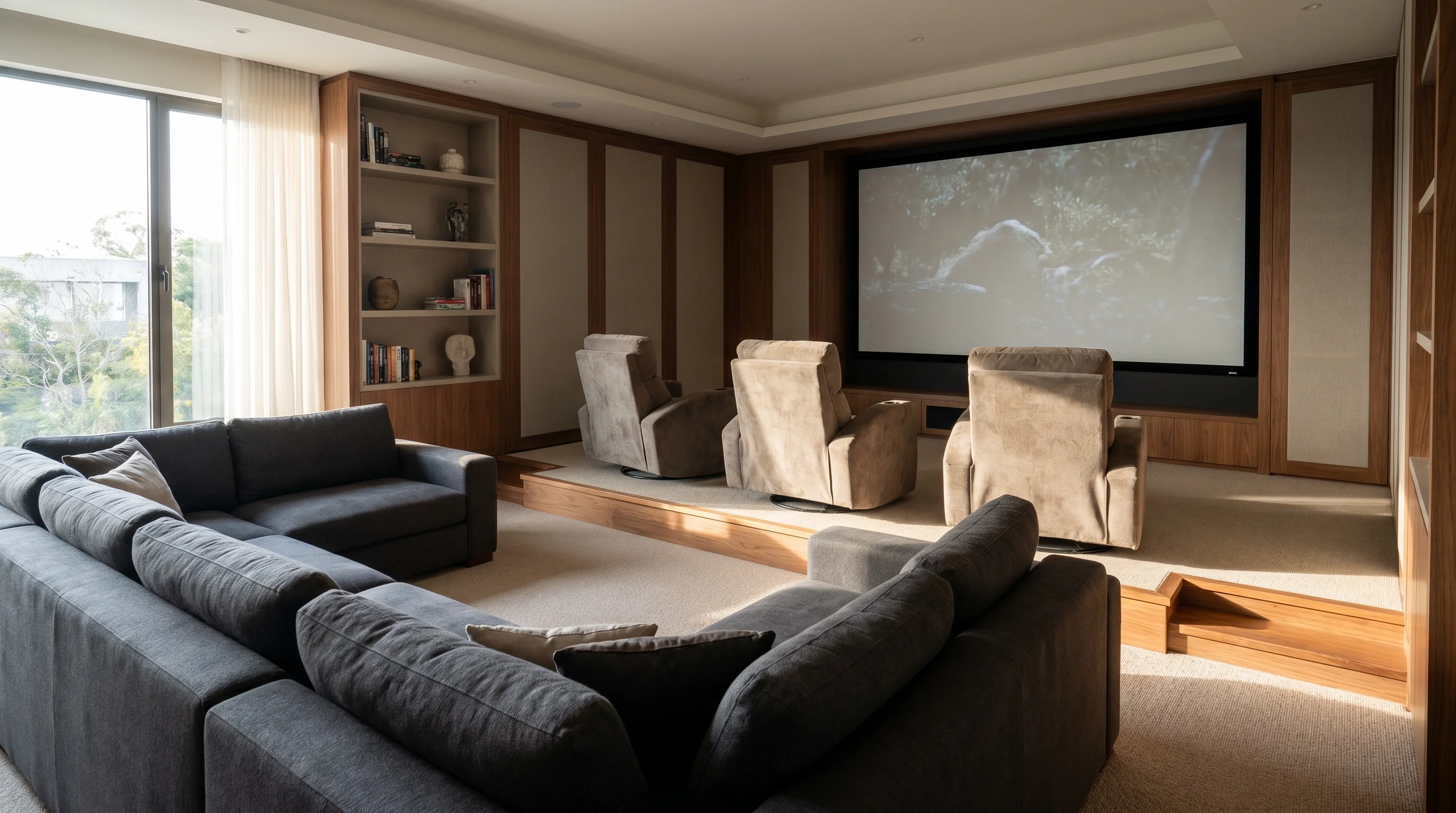 A media room with a deep sectional and a second row of seating on a raised platform, all angled toward a large screen for clear sightlines