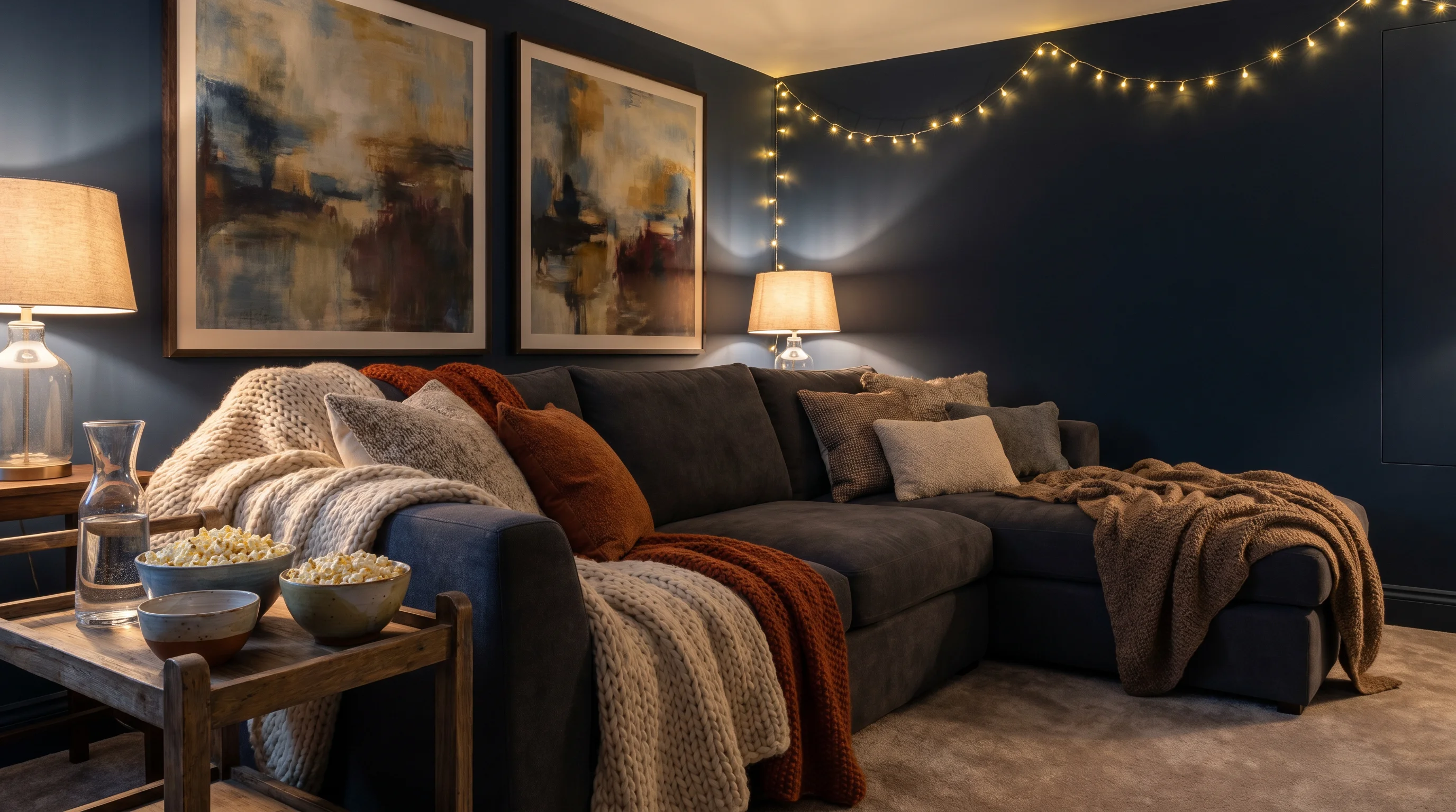 A media room styled for movie night — a deep sofa piled with throws and cushions, a popcorn cart, warm dimmed lighting, and framed film posters
