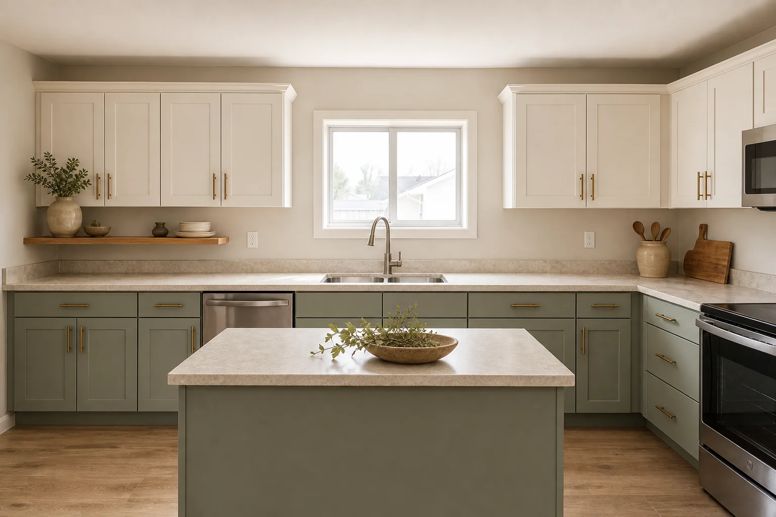After: the same kitchen with sage-green lower cabinets, warm white uppers, brass hardware and a wood open shelf, same layout and window
