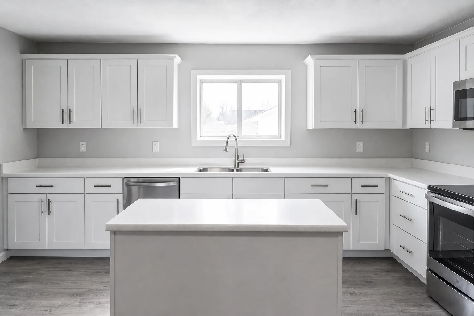 Before: a flat all-white shaker kitchen with cool gray undertones and chrome hardware