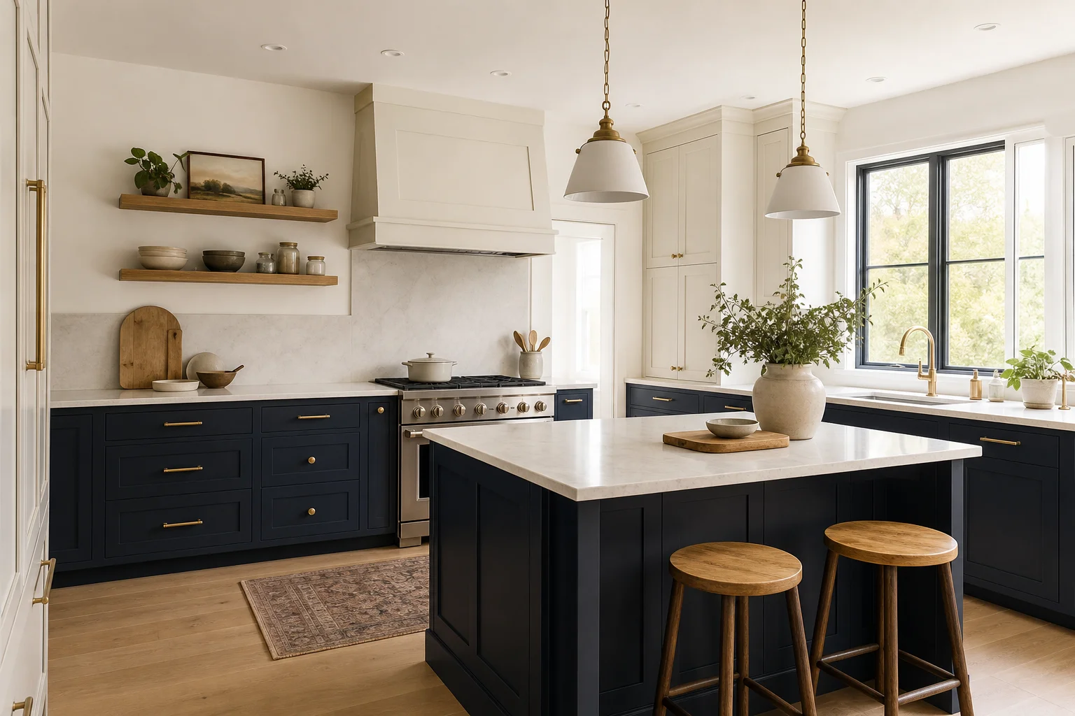 A two-tone kitchen with deep navy lower cabinets, creamy white upper cabinets, light oak open shelving, brass hardware and a white stone countertop
