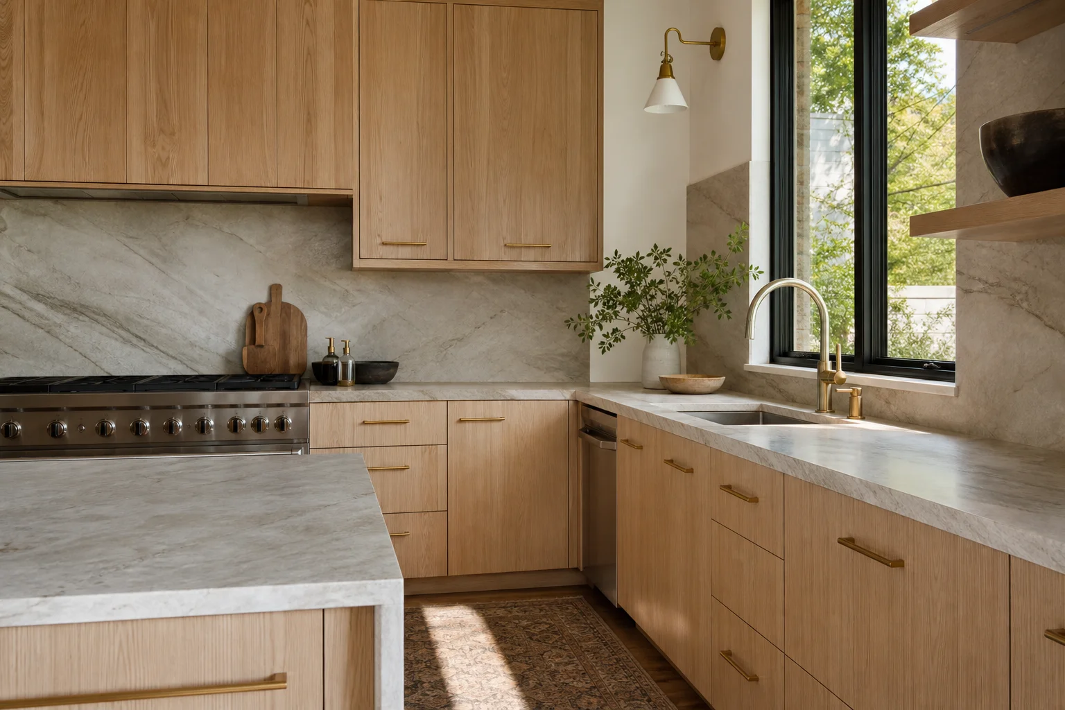 A 2026 kitchen with light white-oak wood-grain cabinetry, a flat slab door style, warm brass hardware and a natural quartzite countertop