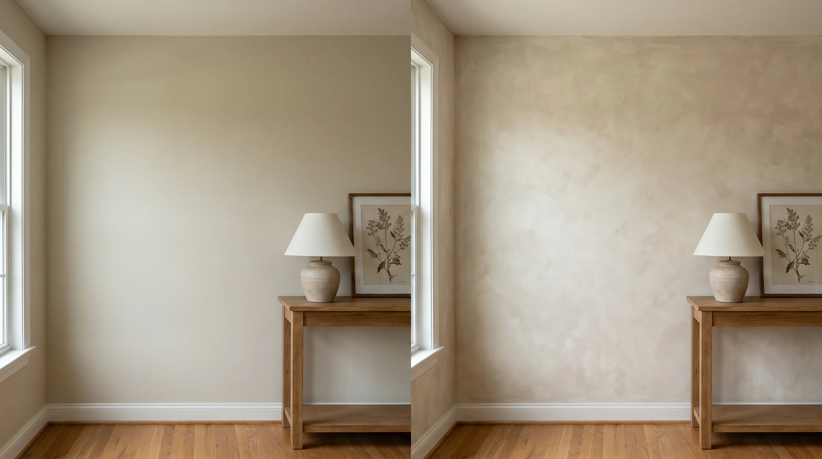 A before-and-after split of the same wall — a flat, plain painted wall on the left, and the same wall in cloudy, textured limewash on the right