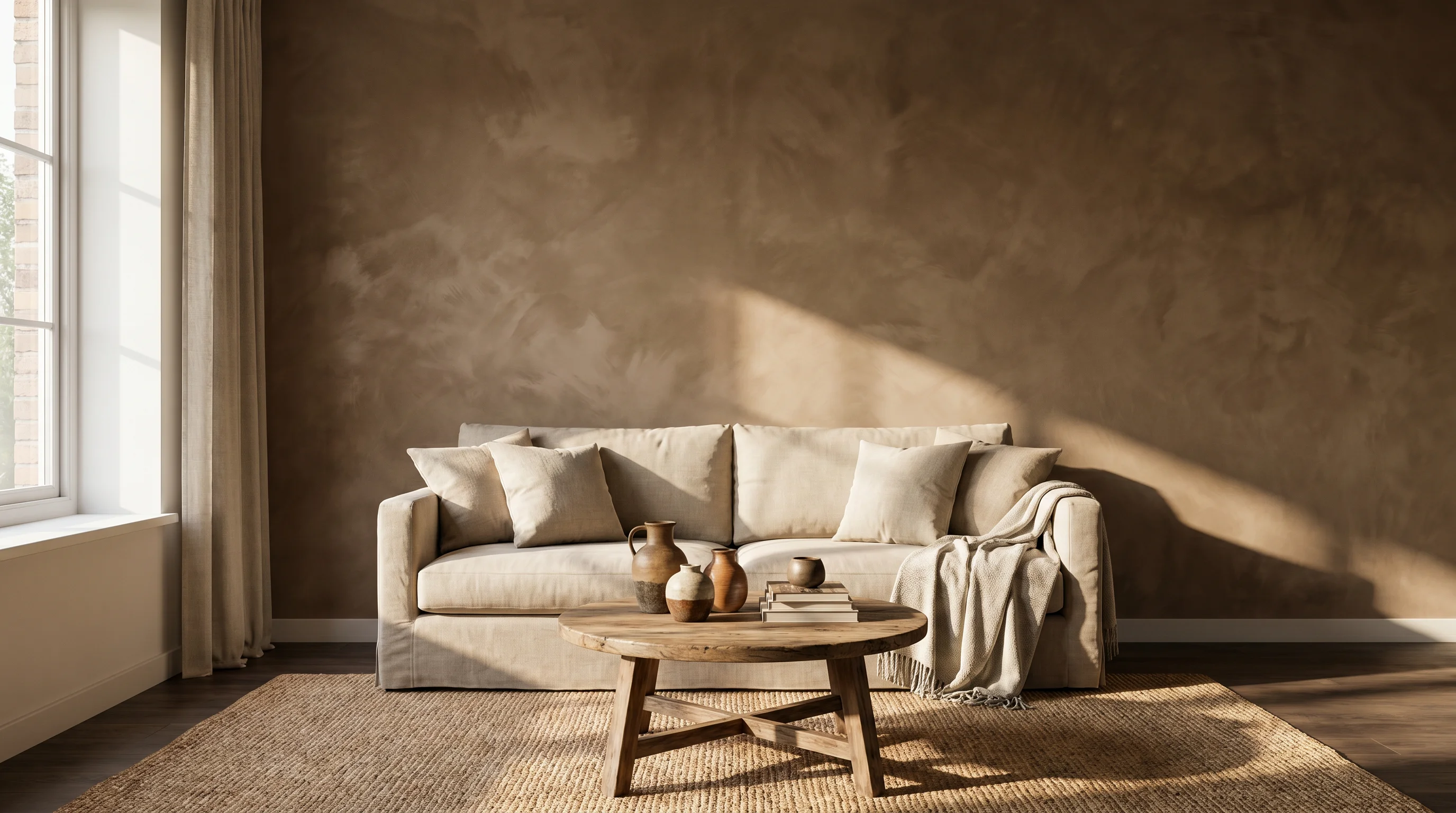 A living room with a warm brown limewash feature wall behind a neutral sofa, natural light raking across the textured finish