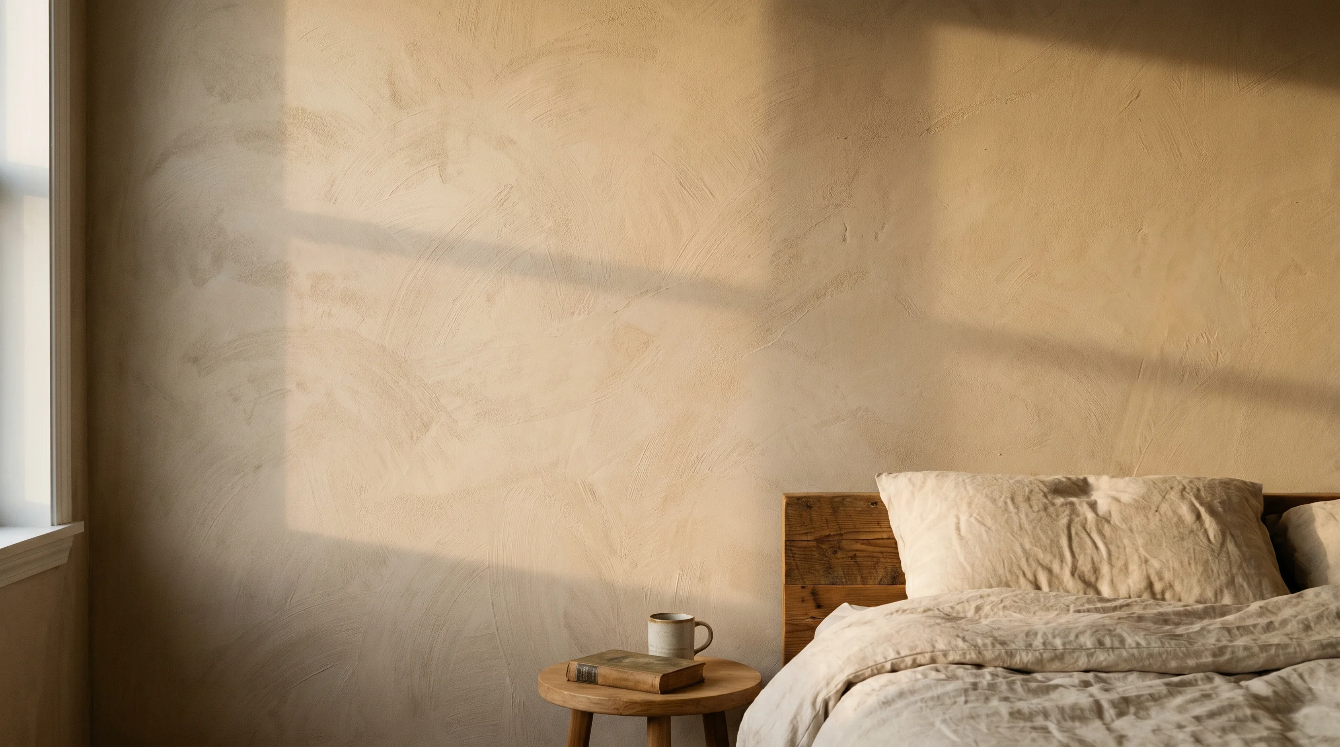 A bedroom with a soft, cloudy beige limewash wall behind the bed, showing the natural tonal movement and matte mineral texture in warm daylight