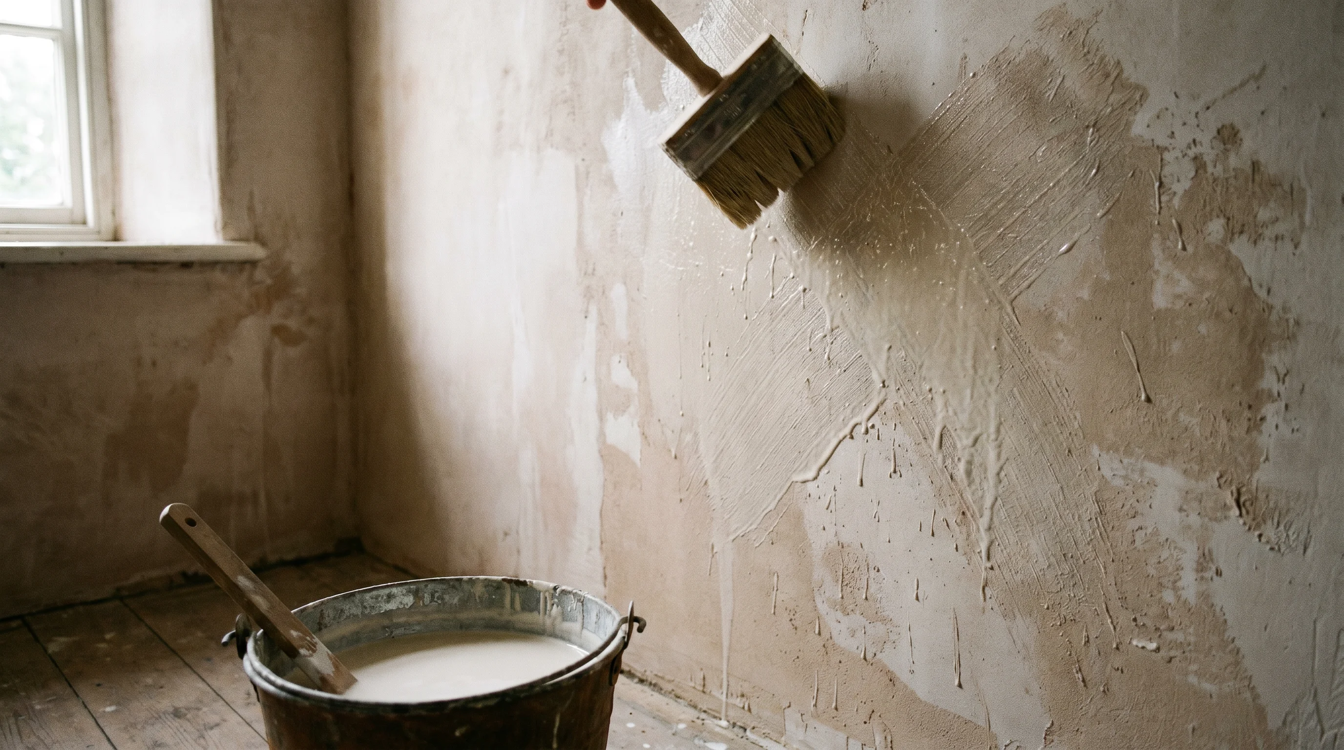 A close detail of a limewash brush mid-stroke on a wall, showing the signature crisscross application and cloudy half-finished texture, no people