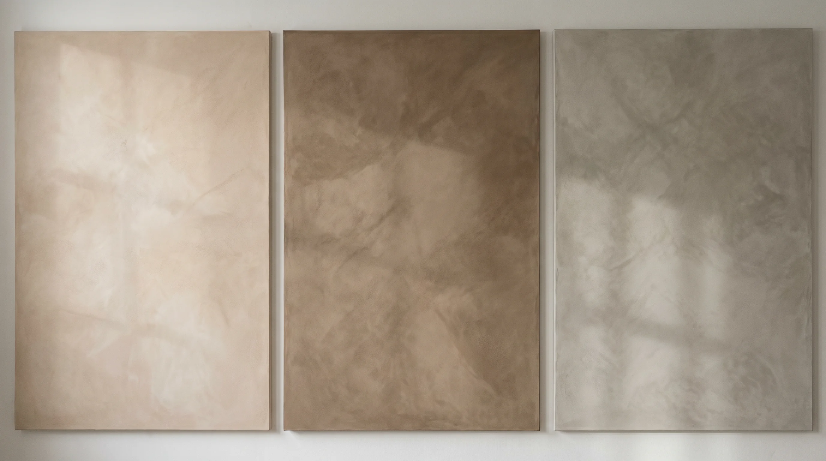 Three limewash wall panels side by side — a soft beige, a deeper warm brown, and a cool greige — showing how the same finish shifts across tones