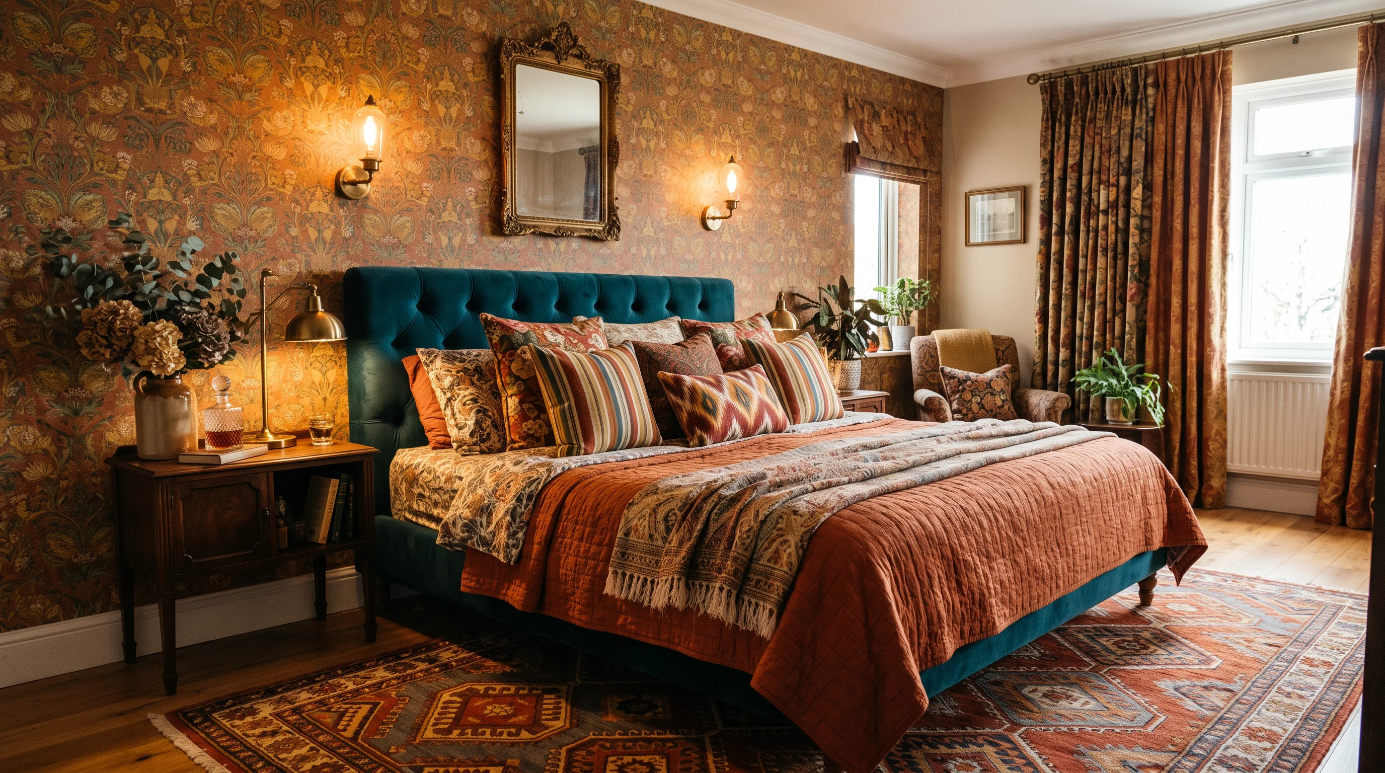 Maximalist bedroom with floral wallpaper, striped accent pillows, geometric rug, and velvet headboard in coordinated jewel tones