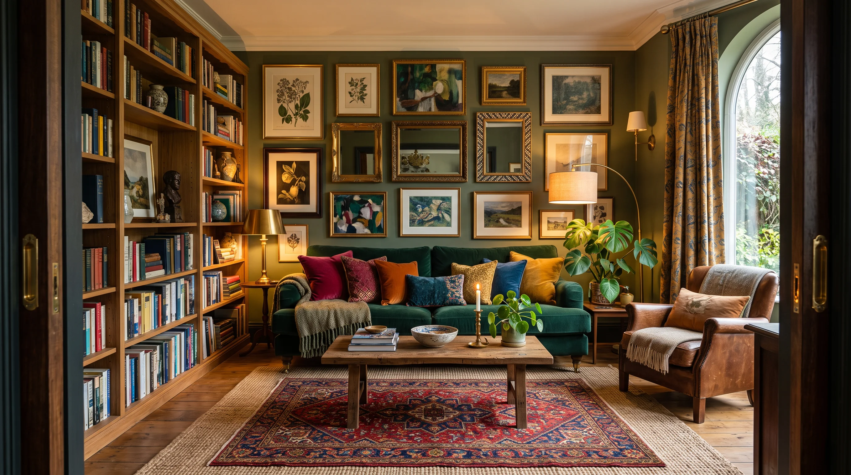Maximalist living room with emerald velvet sofa, gallery wall of mixed frames, patterned rug, brass accents, and warm layered lighting