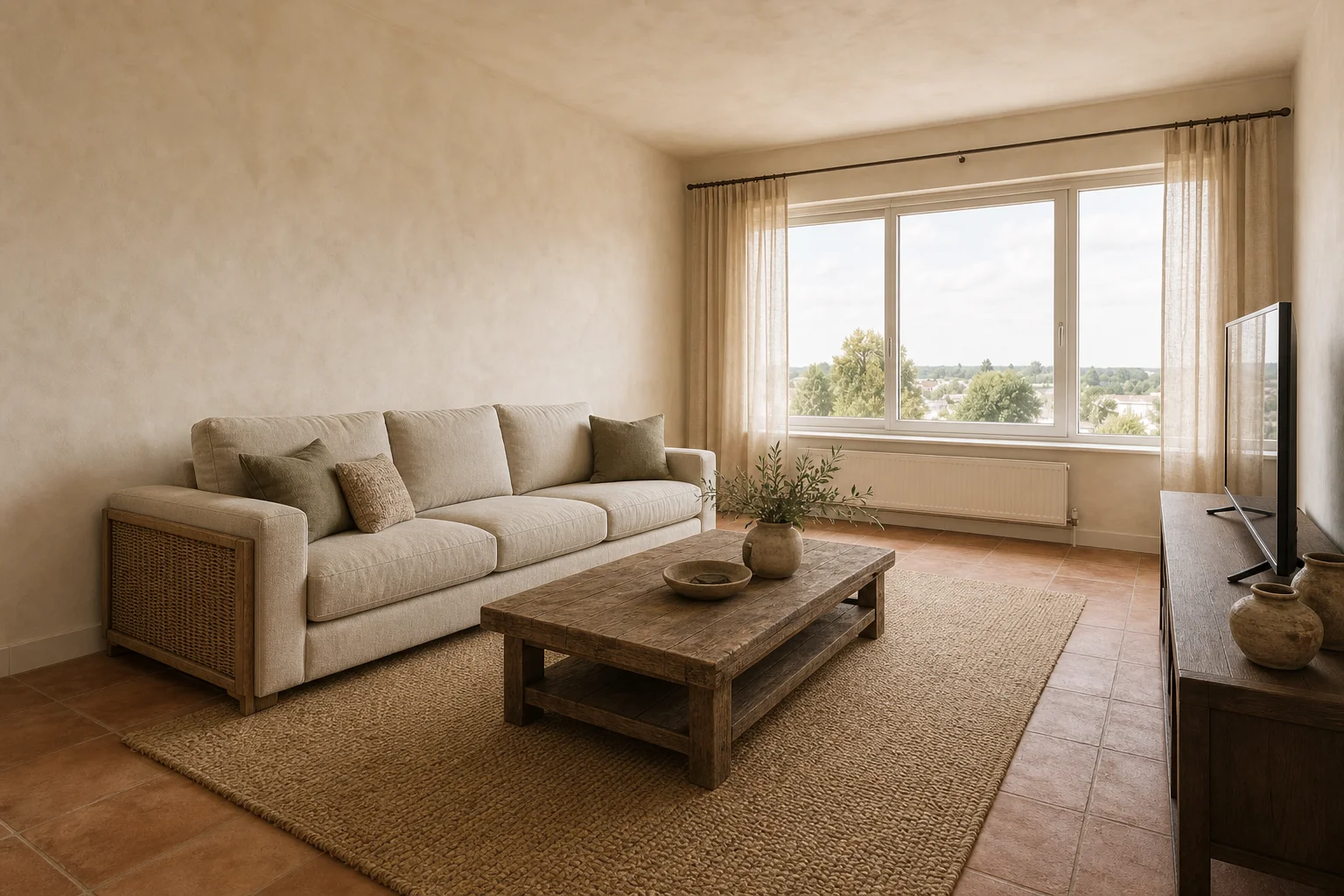 After: the same living room reimagined in refined Mediterranean style — warm limewash walls, a linen sofa, rattan chair, terracotta accents and aged brass, same layout and window