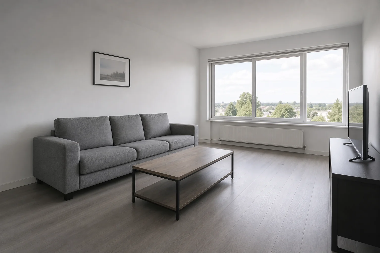 Before: a flat, cool-toned modern living room with white walls, a grey sofa and minimal texture