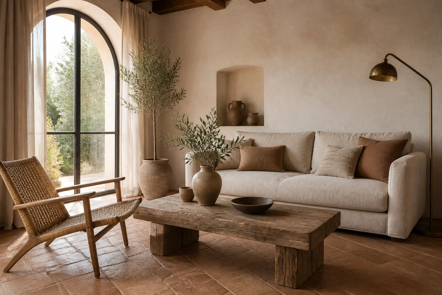 A refined Mediterranean living room with limewash plaster walls, a low linen sofa, woven rattan lounge chair, reclaimed wood coffee table, terracotta floor and a large arched window with soft natural light