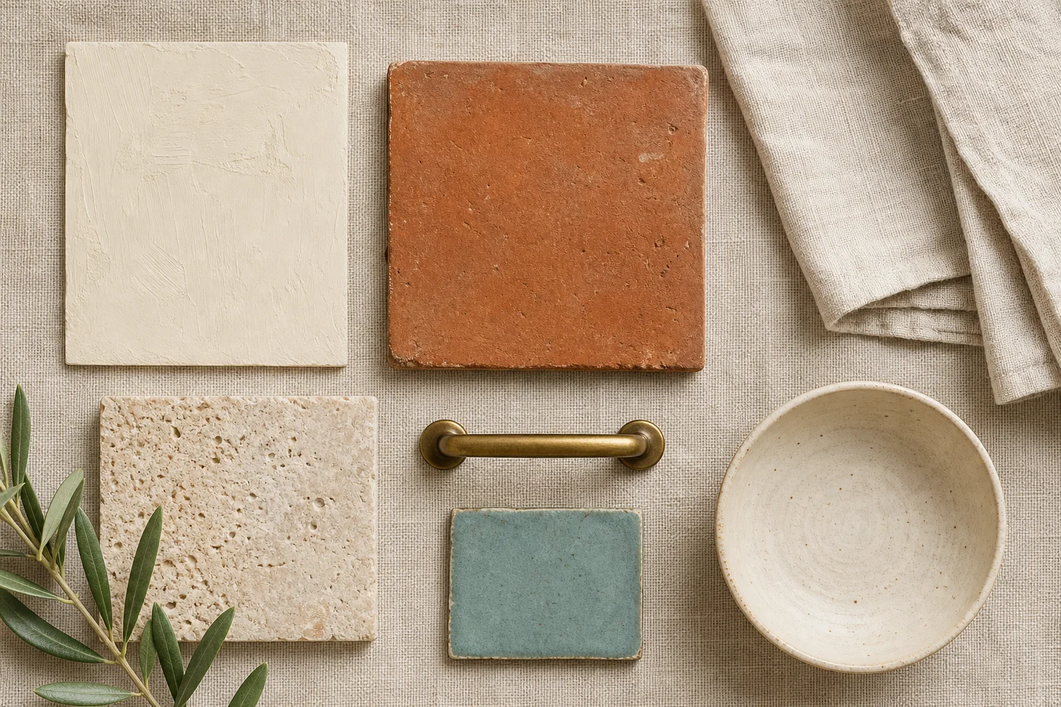 A refined Mediterranean material and color palette flat lay — limewash plaster swatch, terracotta tile, travertine stone, linen fabric, aged brass and a hand-thrown ceramic bowl in cream, sand and soft Aegean blue tones