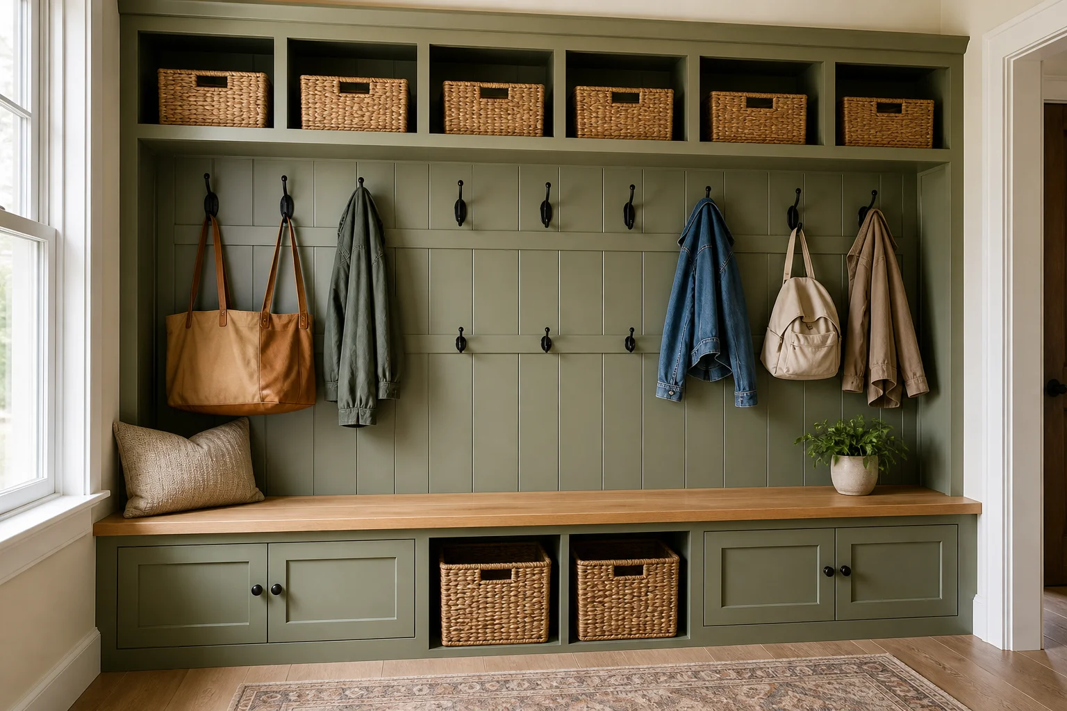 A built-in mudroom with a wood bench, coat hooks at two heights, upper cubbies with baskets, and lower open shoe storage, in warm white and natural oak