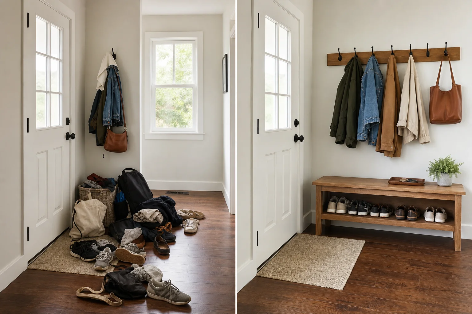 A side-by-side before and after of a home entry — a cluttered hallway with piled shoes and coats on the left, the same spot redesigned as a tidy mudroom with a bench and hooks on the right