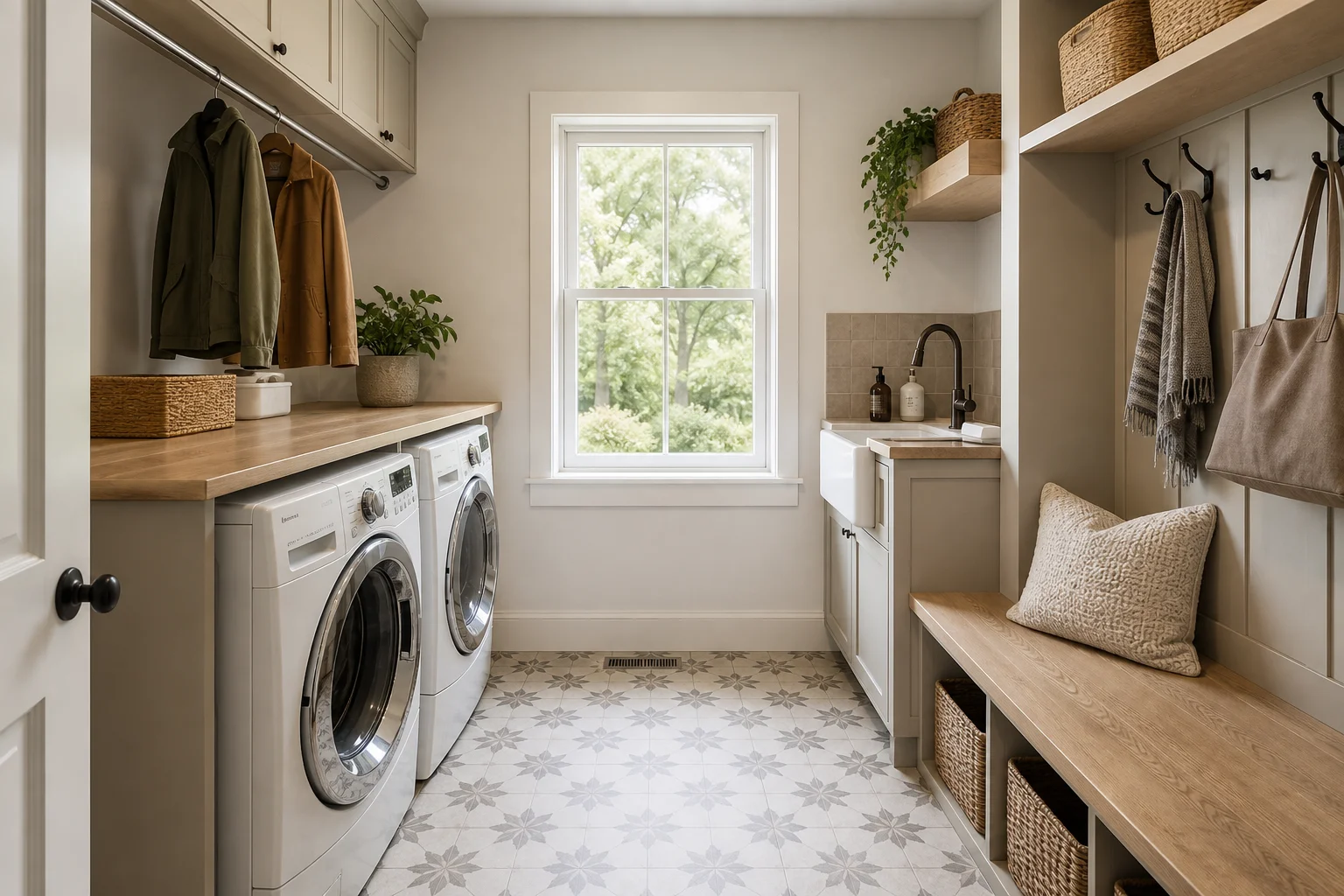 A combined mudroom and laundry room with a folding counter over a front-load washer and dryer, coat hooks and a bench on the opposite wall, and tile flooring
