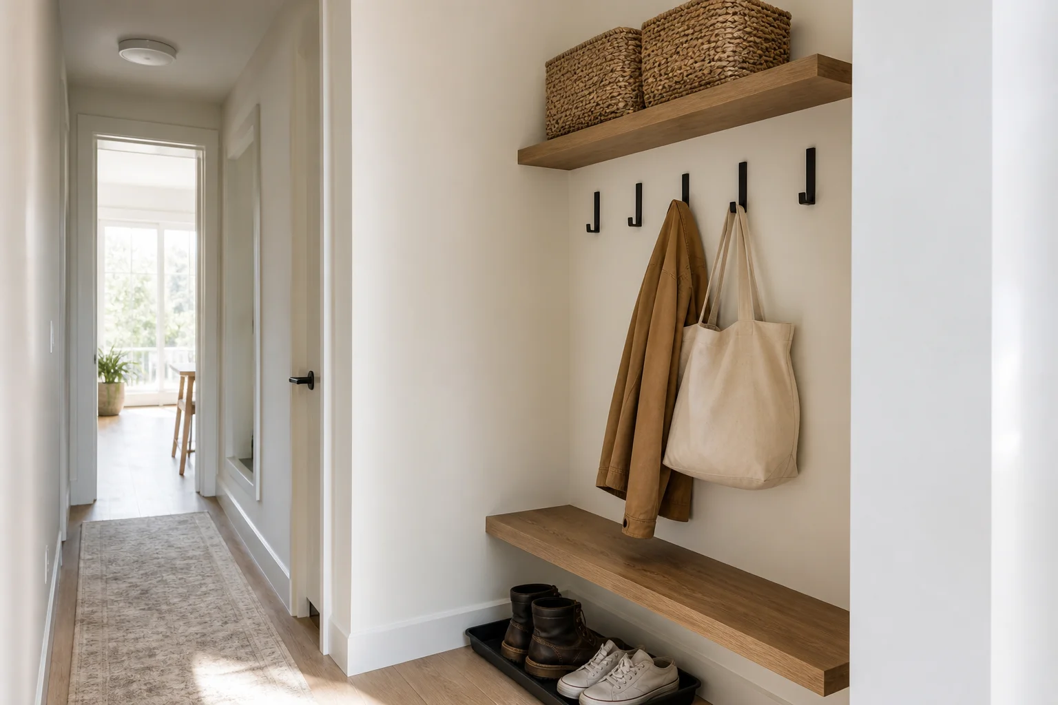 A narrow hallway mudroom nook with a slim bench, a vertical row of wall hooks, a small basket underneath, and a wall-mounted shelf above