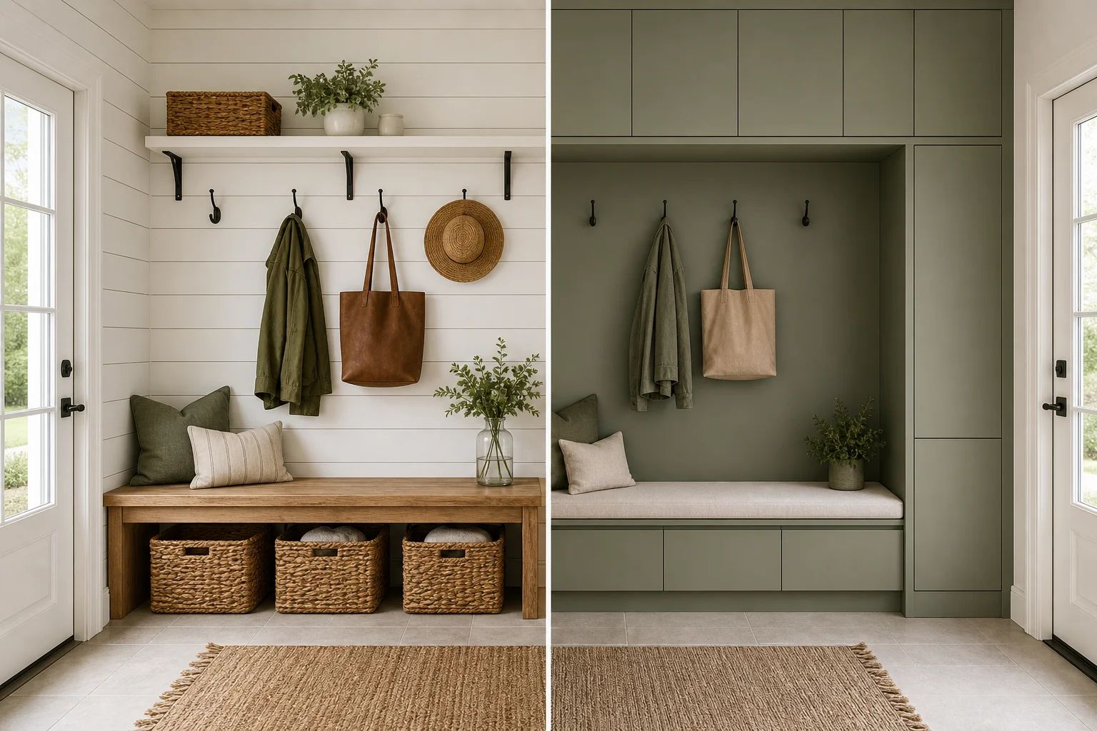 A mudroom shown two ways — a farmhouse version with shiplap, black hooks and woven baskets, and a modern version with flat-panel cabinetry, integrated bench and a muted green palette