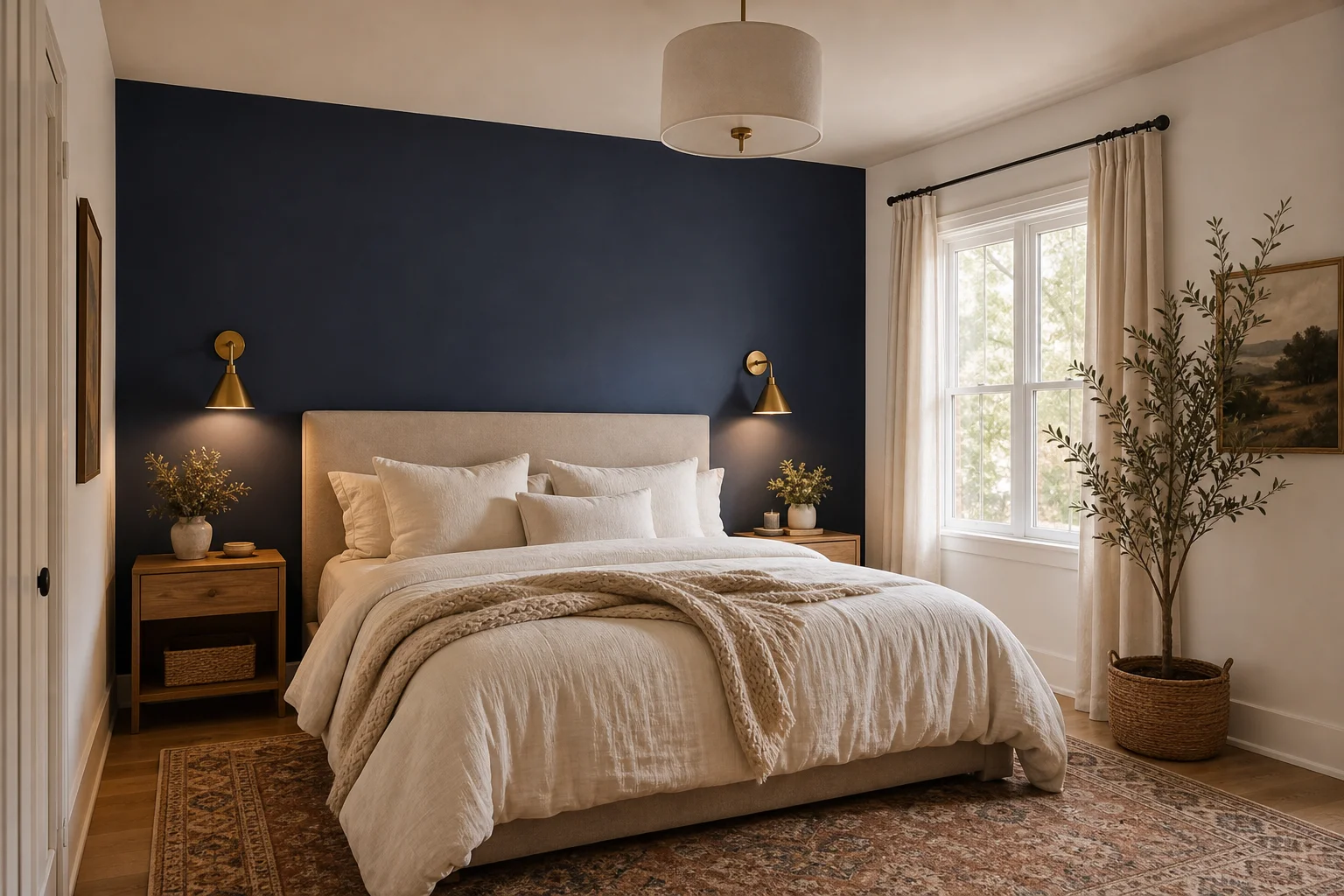 A bedroom with a deep navy accent wall behind the bed, cream bedding, light oak nightstands, brass wall sconces and warm lighting