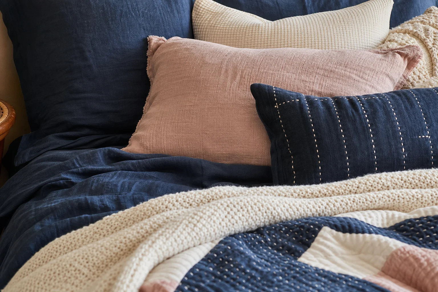 A navy bed layered with linen sheets, a chunky knit throw, a cotton quilt and mixed cushions in cream, blush and navy tones